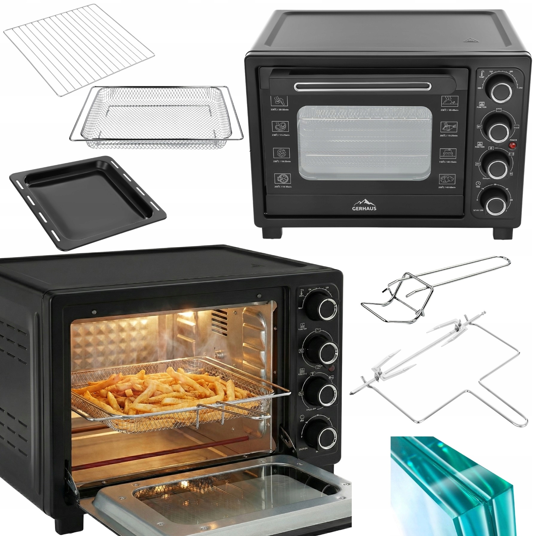 Elektrická Trouba 45L 2000W 250°C Horkovzduch Otočný Rošt Gril Sušička