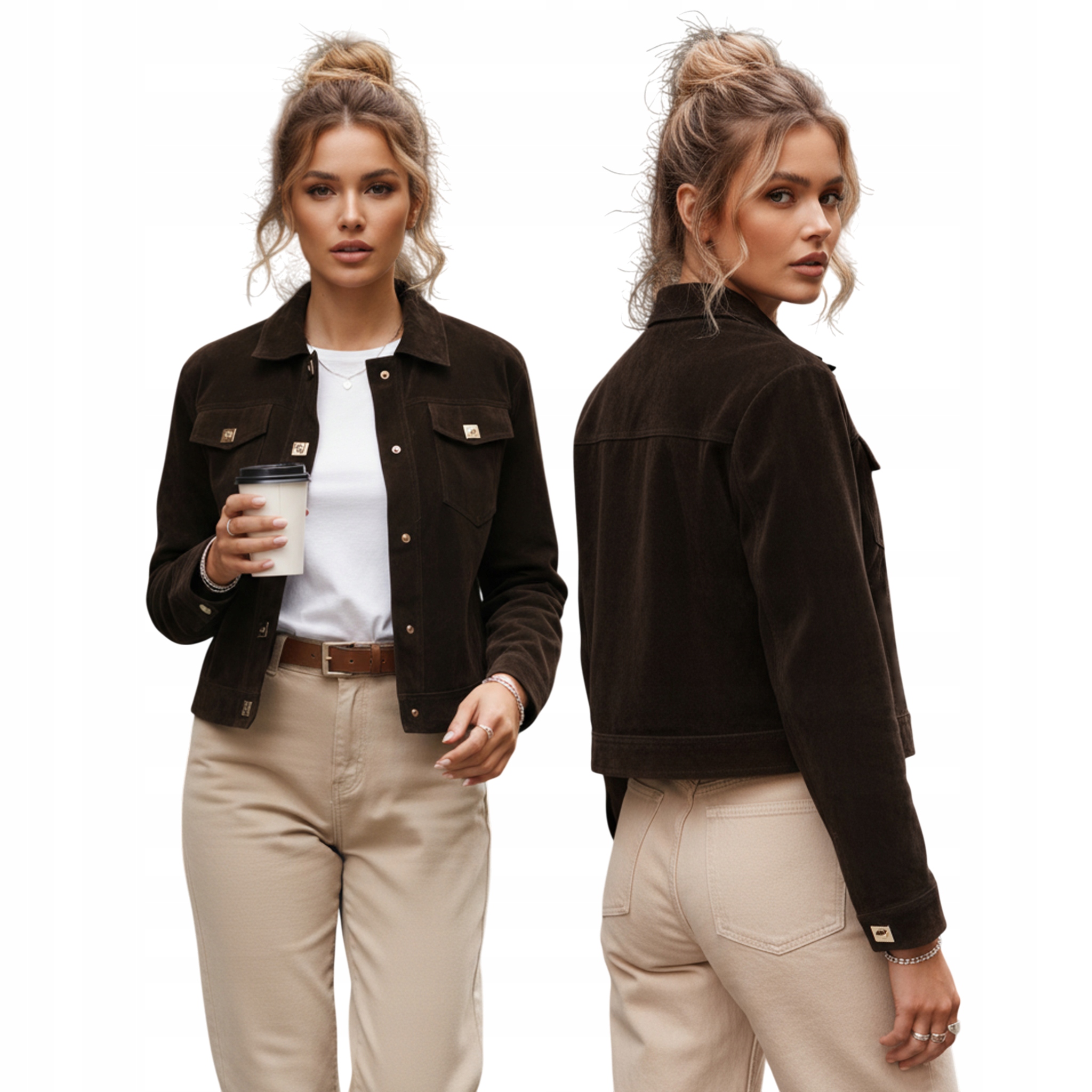 Kurtka damska krótka zamszowa przejściowa z kołnieżem coffe TY5583 S