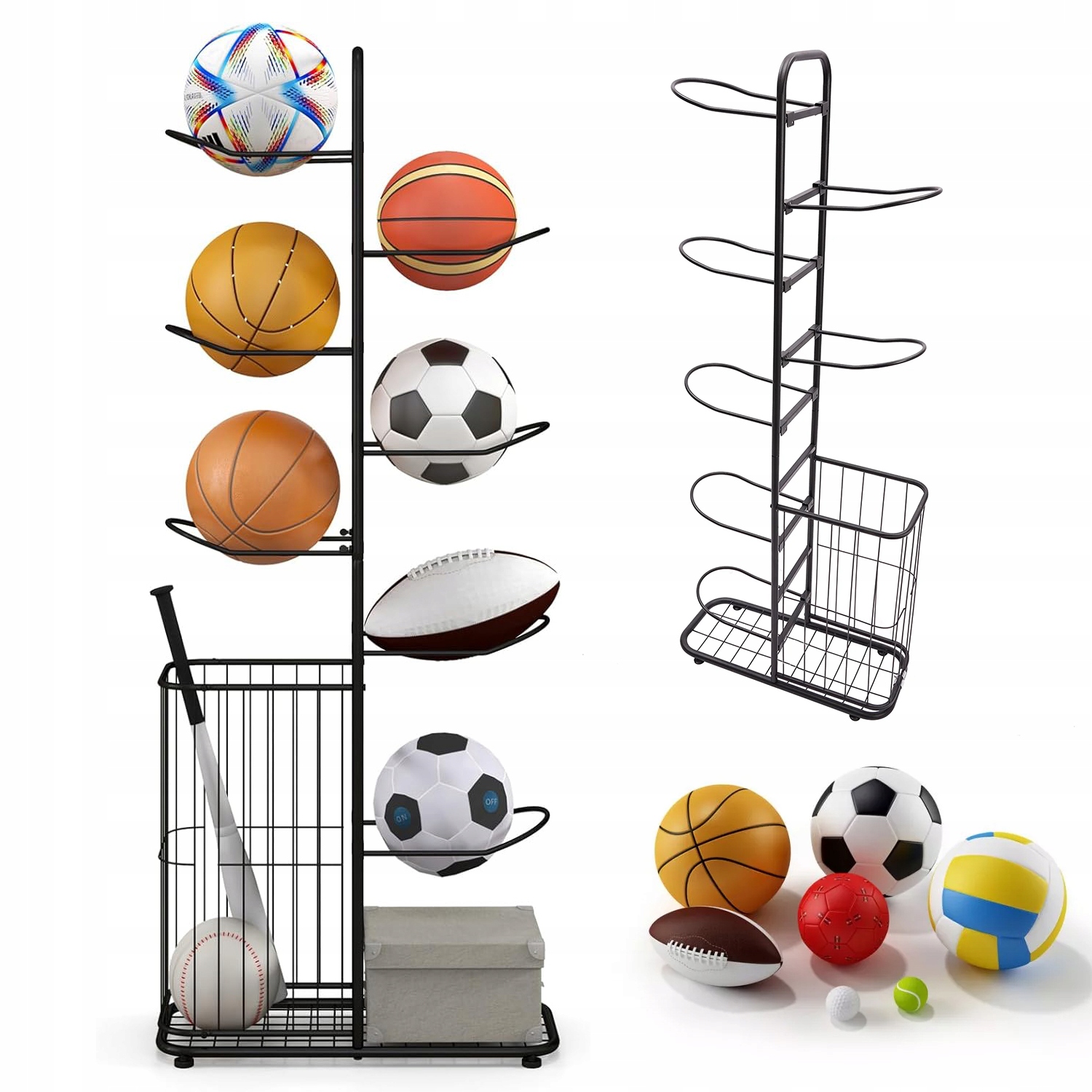 Multifunkční 7-ÚROVŇOVÝ Stojan Na Míče S Bočním Košem, Kovový