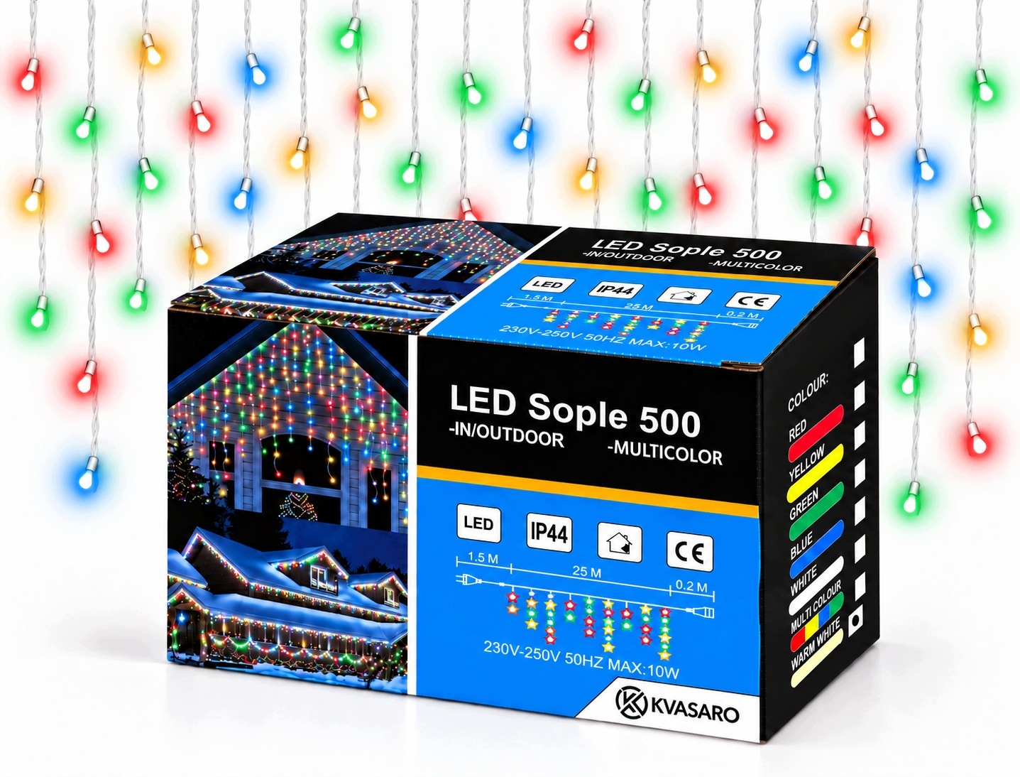Sople 500 Led Kurtyna Lampki Zewnętrzne IP44 Multicolor+zimny Flash 25M