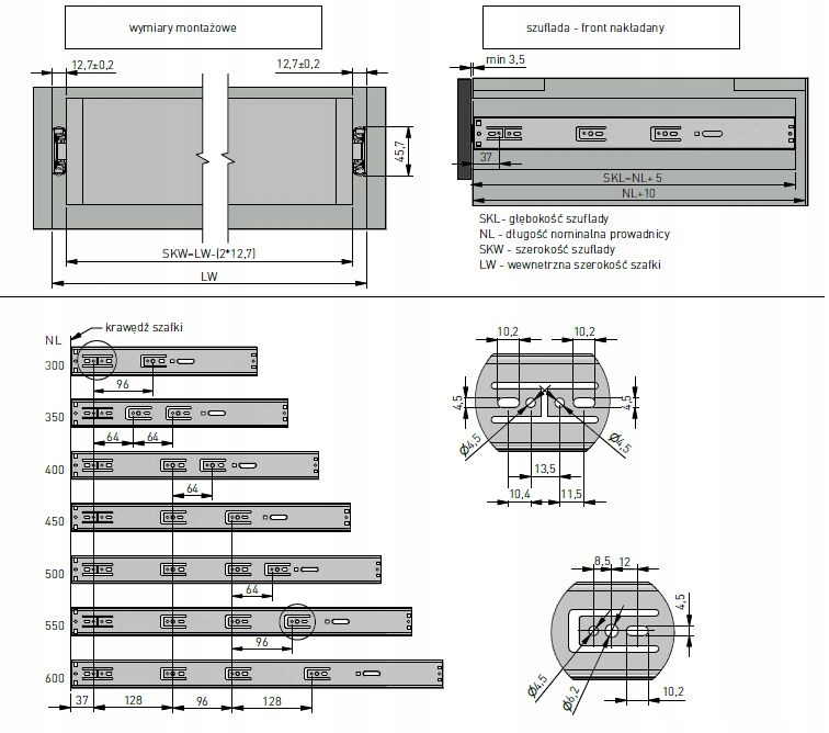 Prowadnica kulkowa L-400 PRO domyk + push to open Wysokość 45 mm