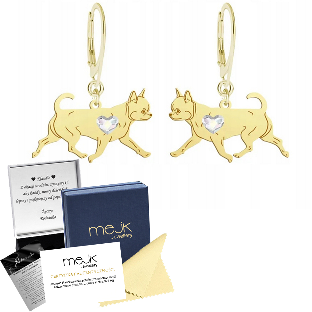 Náušnice Zlaté s psem Chihuahua Krátkosrstá 925 Šperky Gravírování Bonus