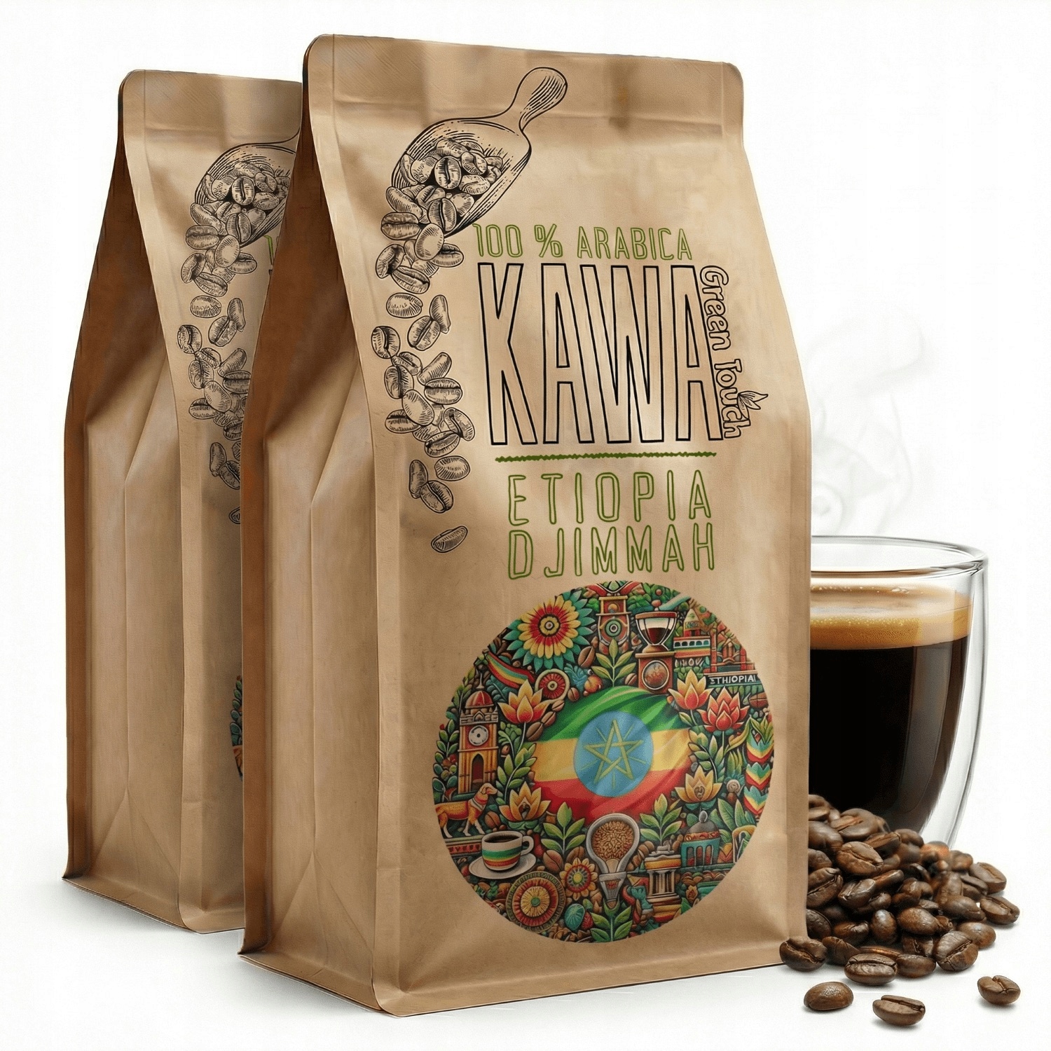 Levně Káva zrnková Etiopia Djimmah Ethiopia arabica 2 kg Green Touch 1+1 kg