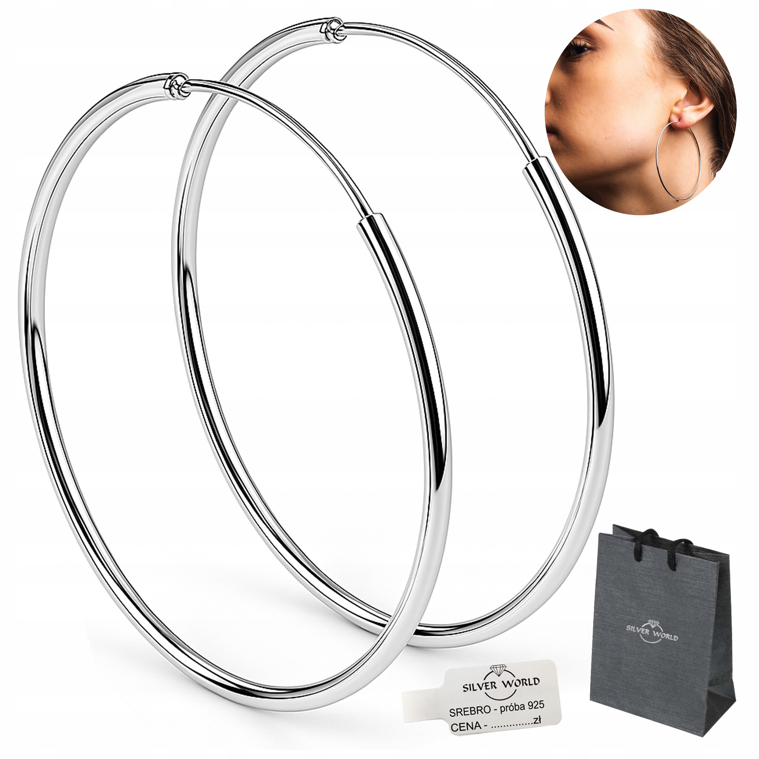 Kolczyki Srebrne 925 Wiszące Grube Koła Kółka Duże 60 mm Torebka