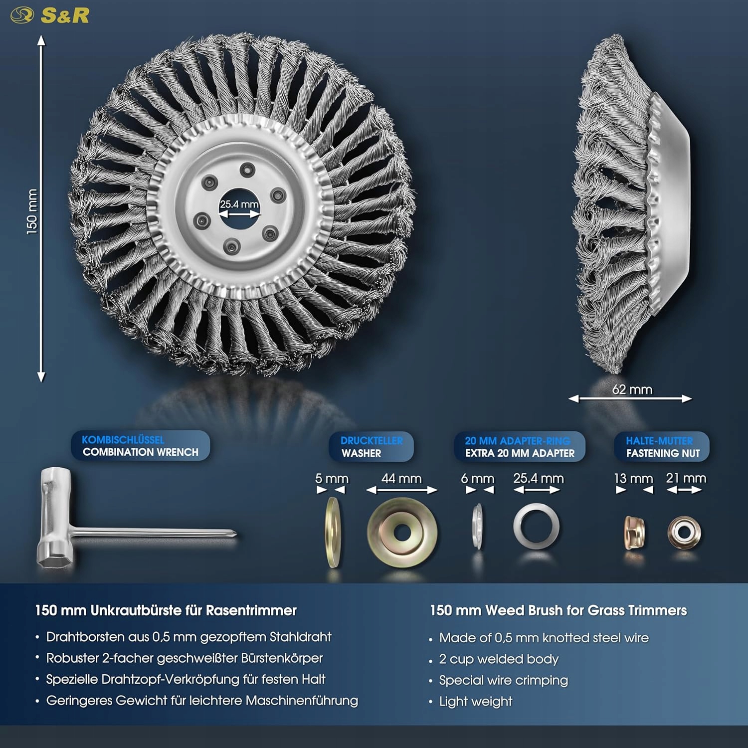 Szczotka druciana głowica do kos spalinowych podkaszarek stożkowa 150mm S&R EAN (GTIN) 4061349058745
