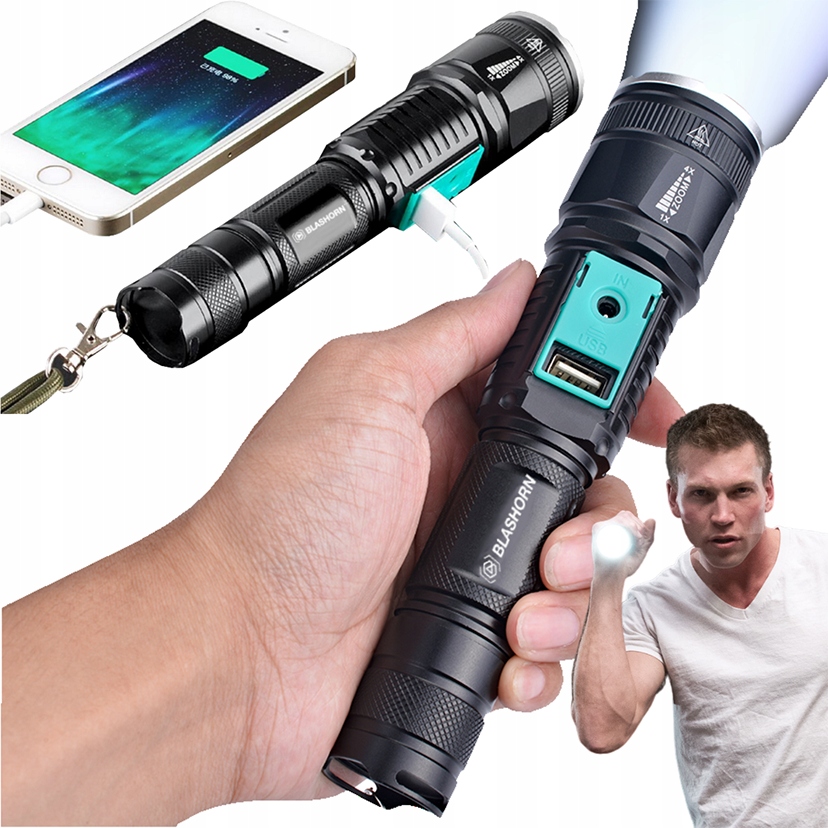 Led svítilna 1200lm Usb-c zoom bateriová powerbanka IPX5 s velkým dosahem