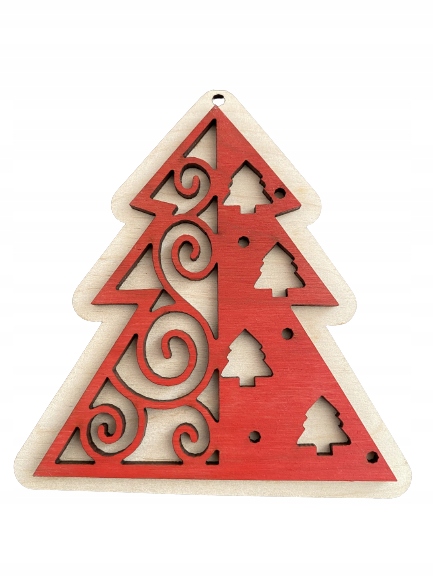 Bombka drewno 2 strony malowane czerwony choinka