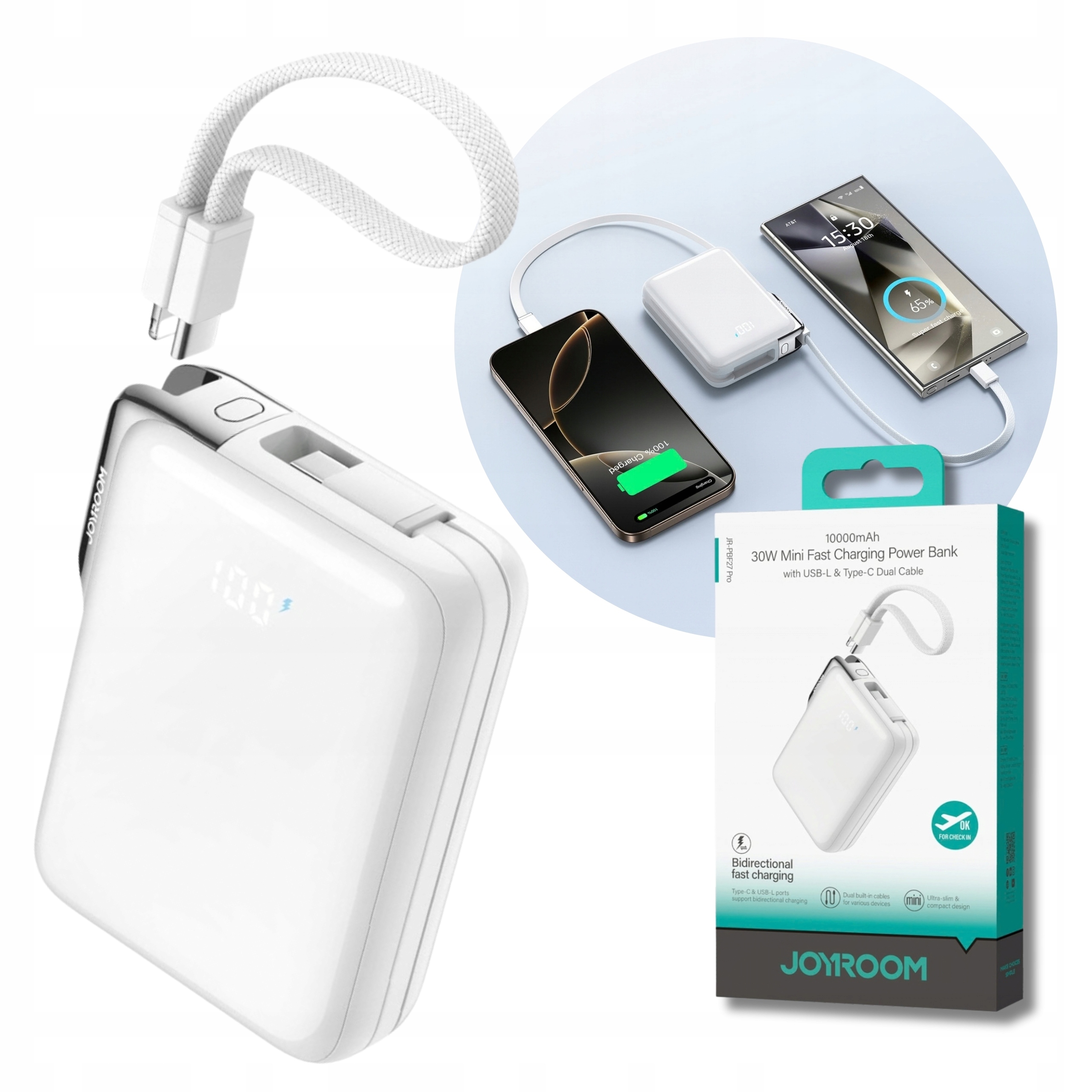 Powerbanka 10000 mAh Powerbanka Rychlé Nabíjení 30 W Vestavěný Usb-c Kabel