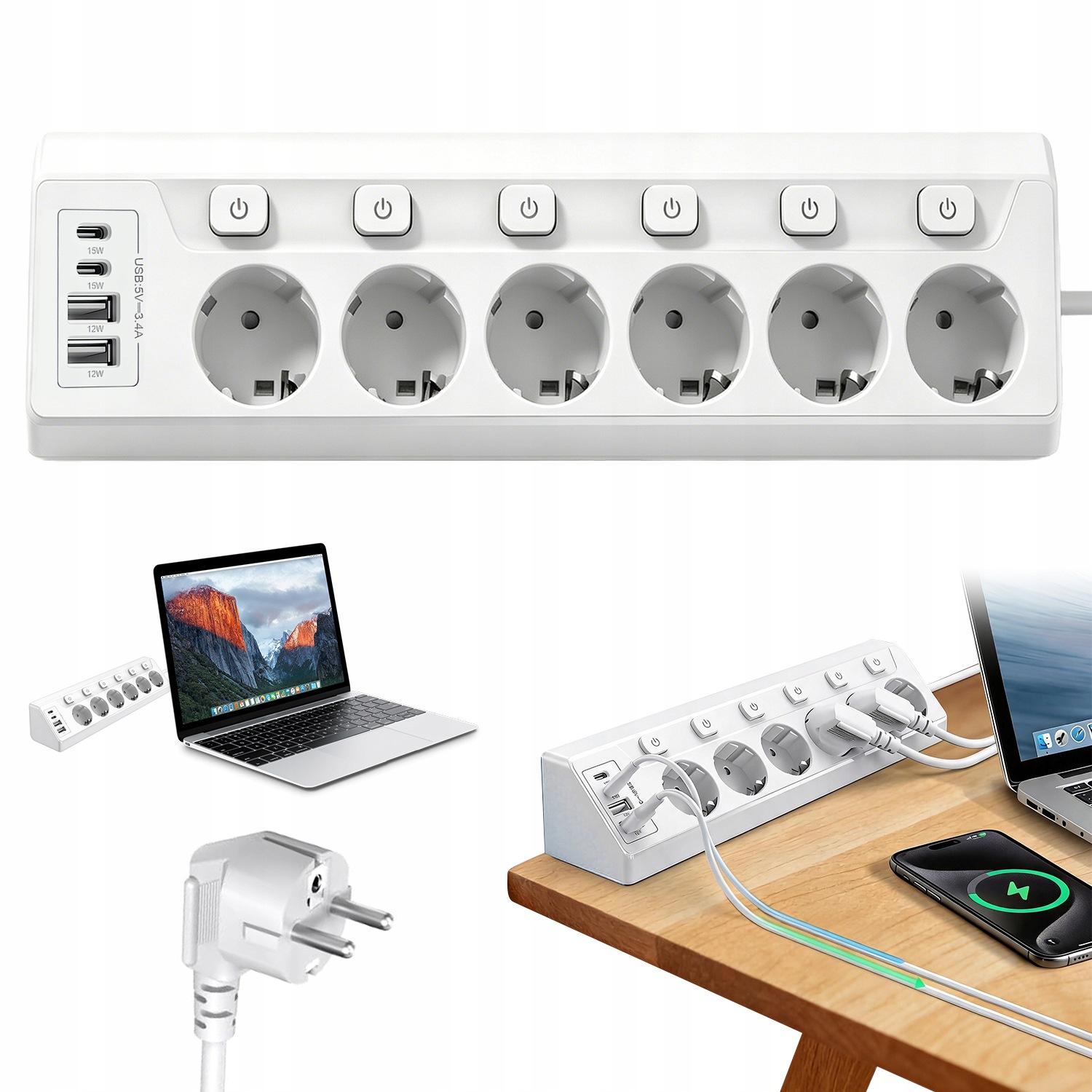 Zásuvková Lišta Rohová 230V, 2X Usb-c, 2X Usb-a 2M Prodlužovací Kabel 6 Zásuvek