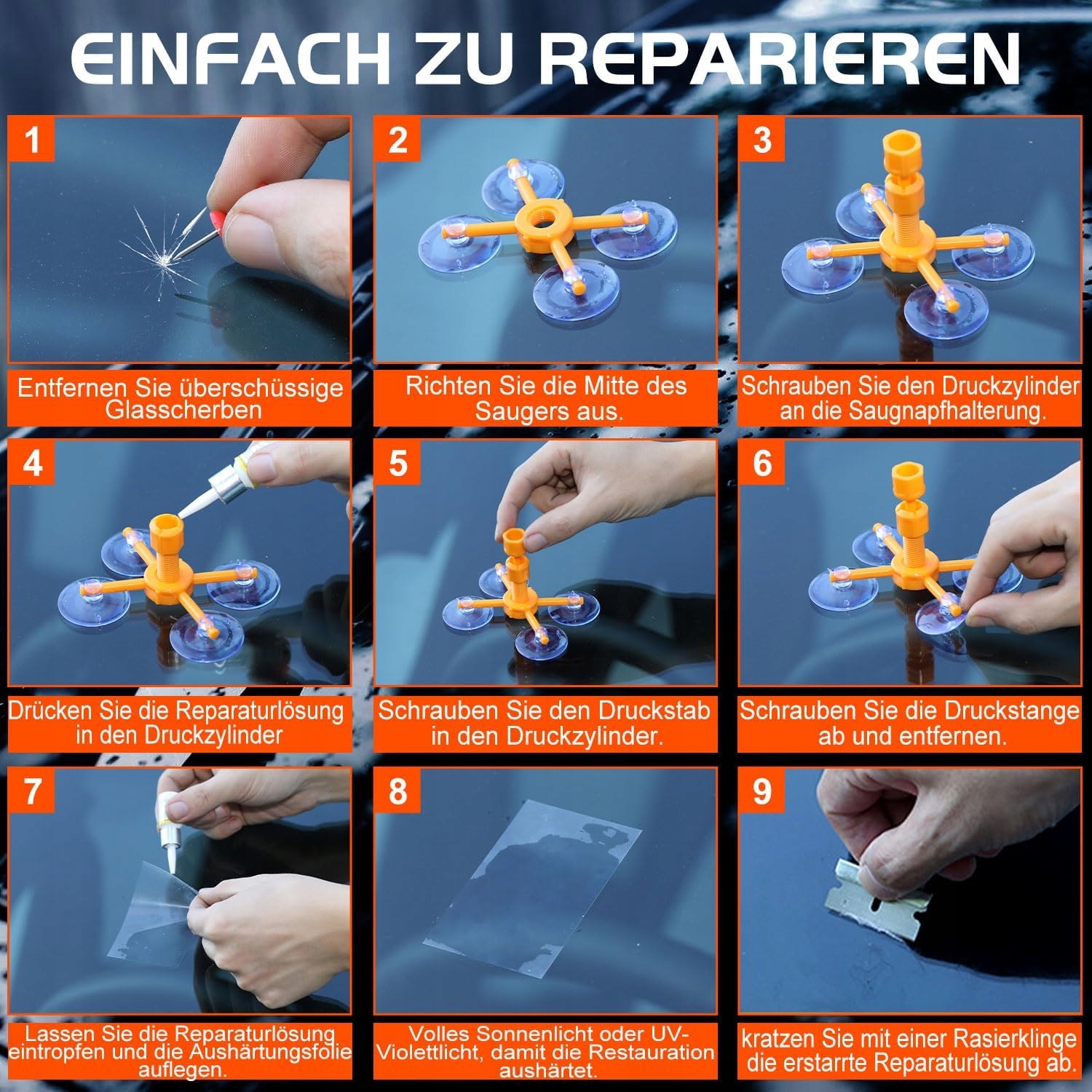 ZESTAW DO NAPRAWY SZYBY SAMOCHODOWEJ NAPRAWCZY KLEJ NA ODPRYSKI PĘKNIĘCIA Pojemność opakowania 2 ml