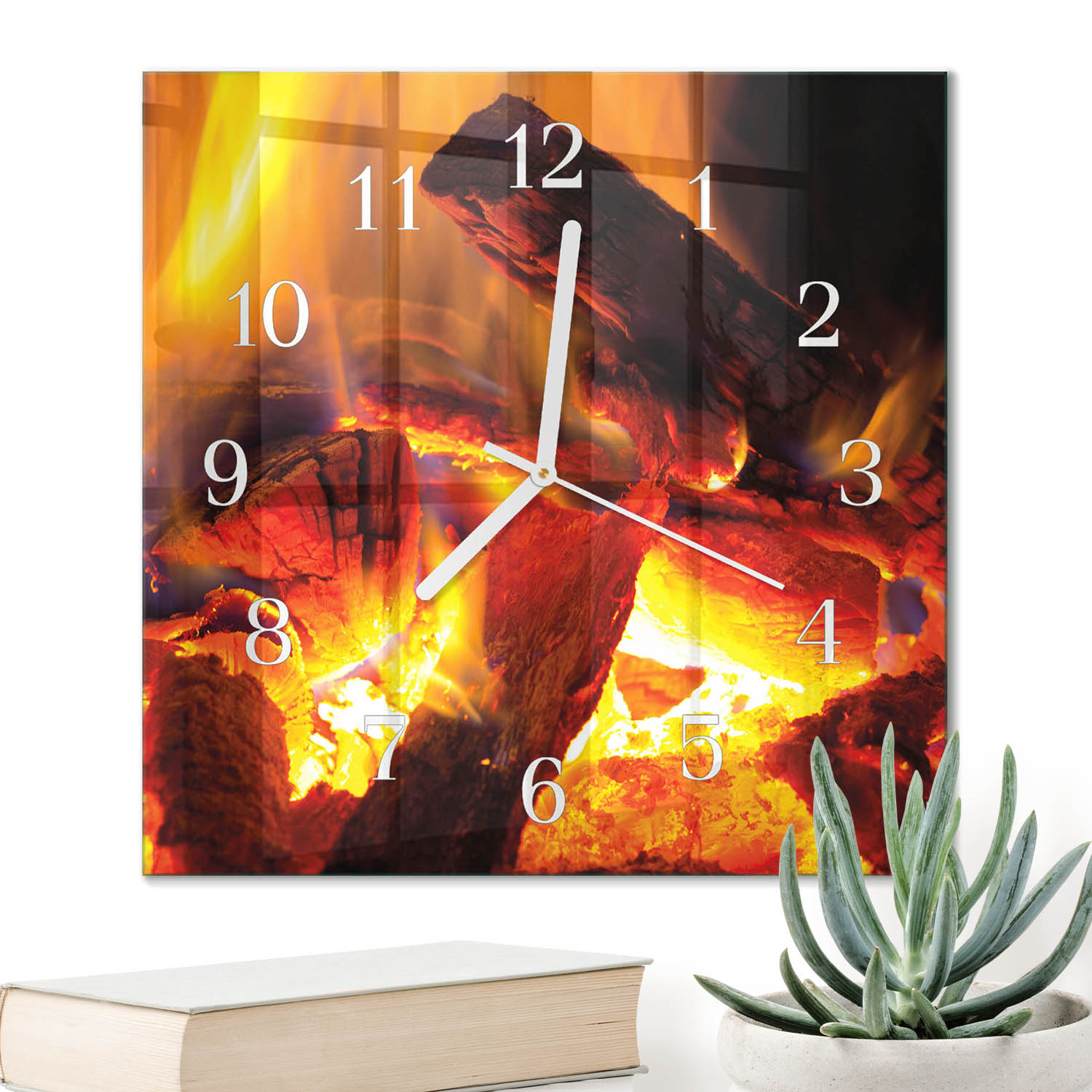 Designové čtvercové hodiny 30x30 cm do interiéru ze skla s grafikou Oheň