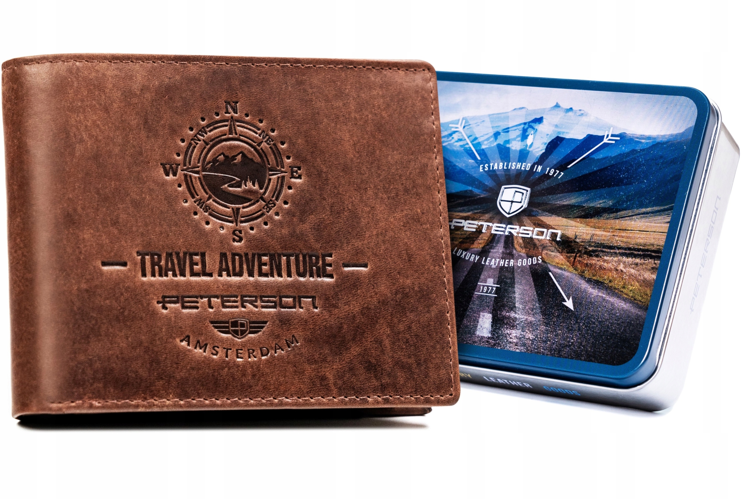 Skórzany portfel męski brązowy Peterson poziomy ochrona kart Rfid