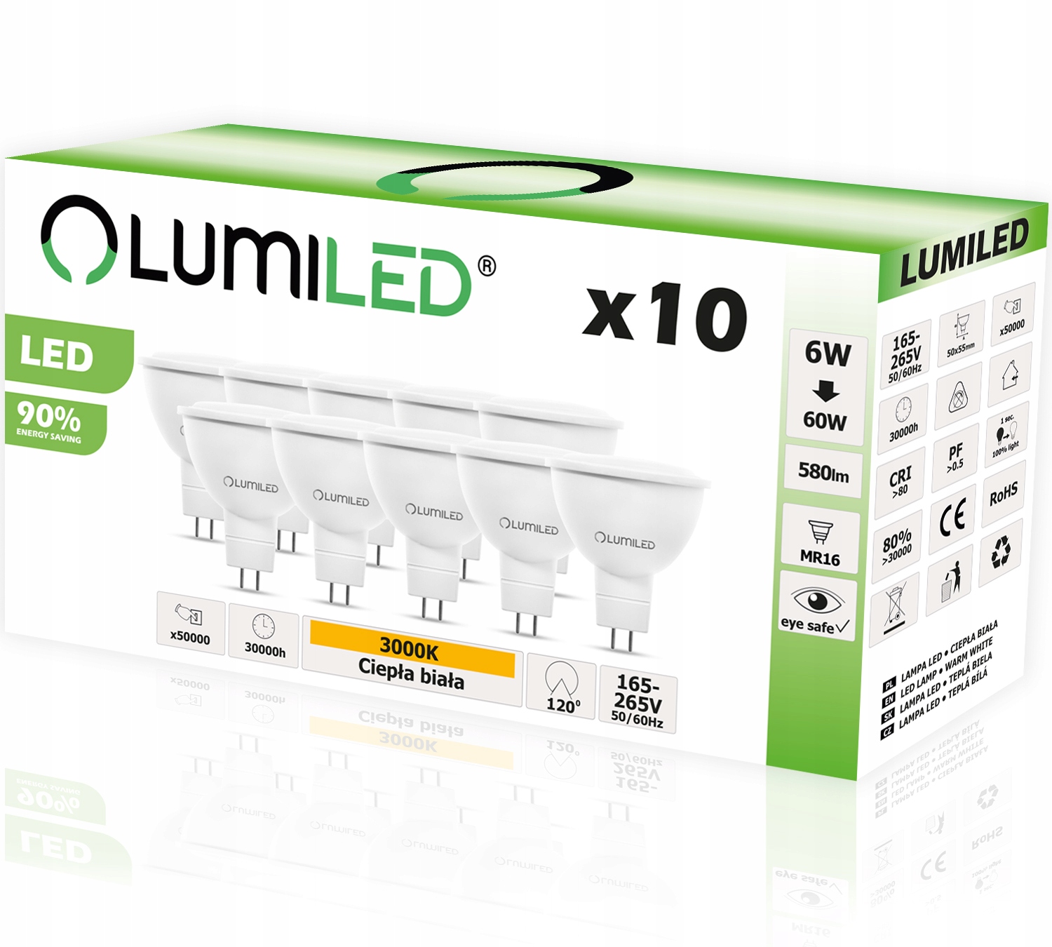 

10x Żarówka Led MR16 6W 50W 580lm 3000K Lumiled