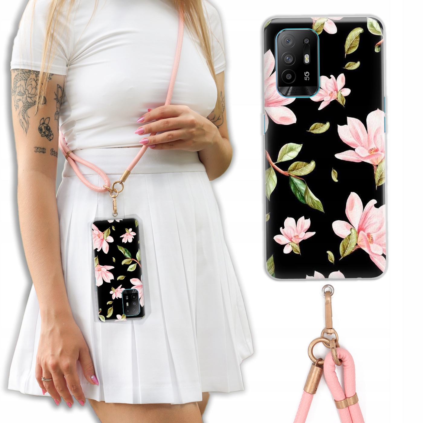 Pouzdro Pro Oppo A94 5G Case Crossbody Květinové Jarní Vodítko Kožené Růžové Vz