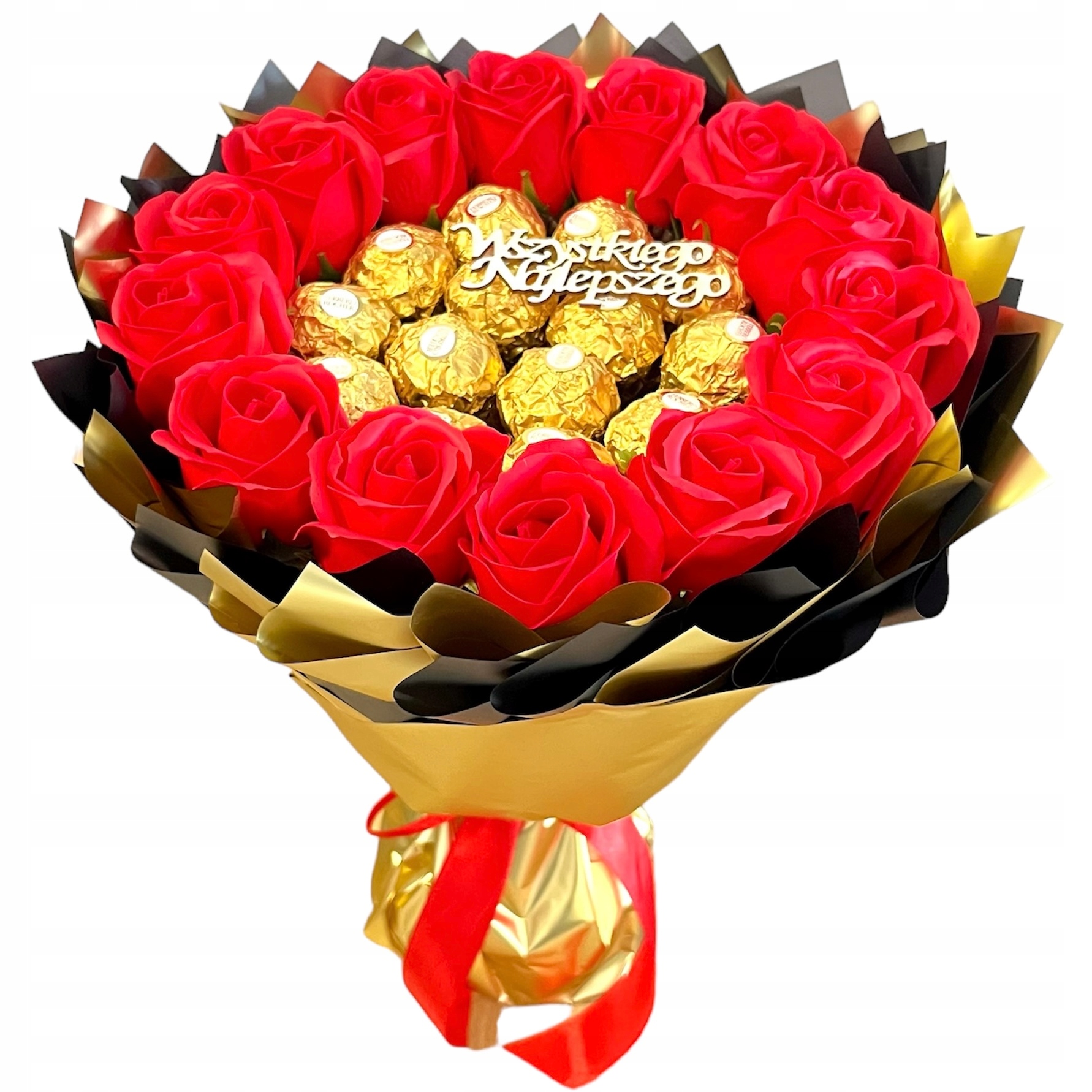 Słodki Bukiet Ferrero na Urodziny Dzień Matki napis róże mydlane