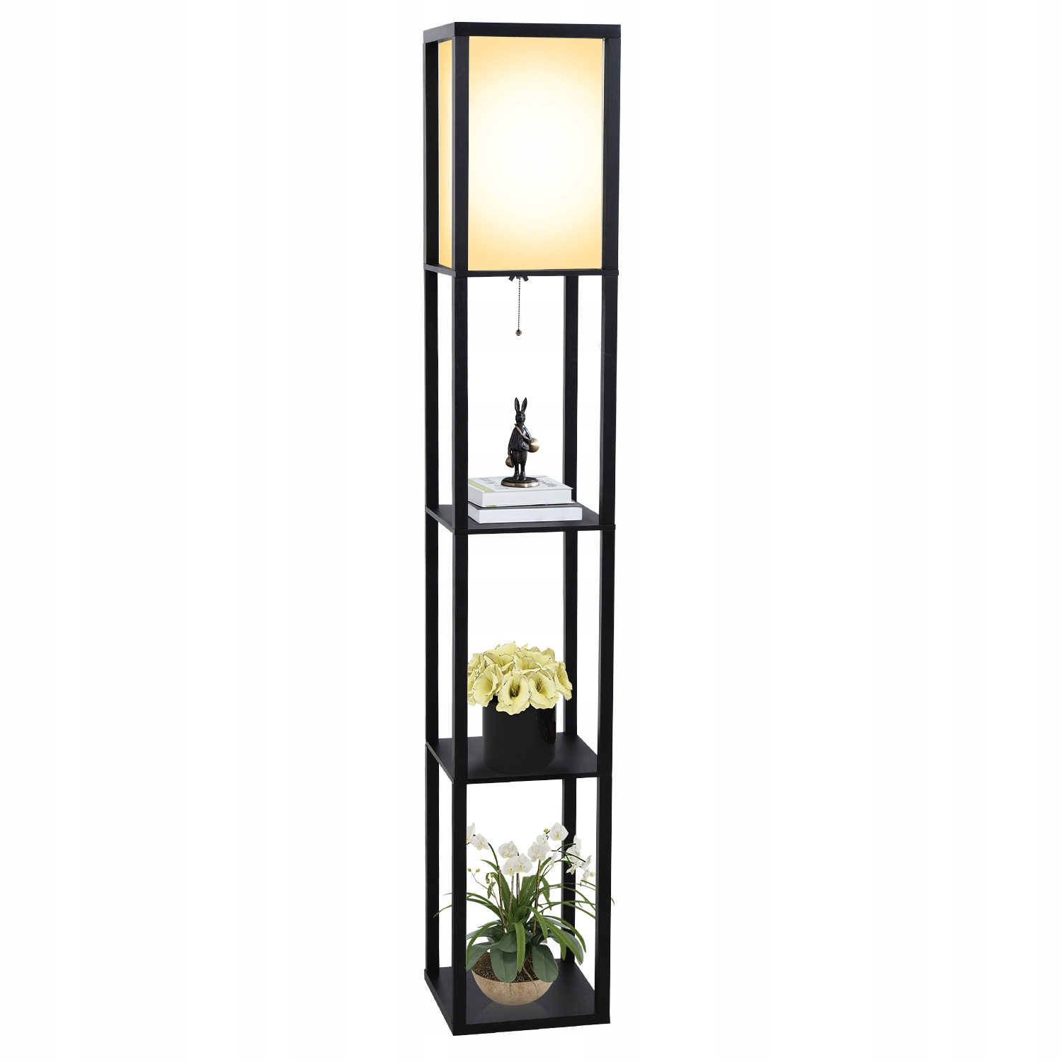 Stojací lampa podlahová police úložný regál 2v1 černá 160 cm