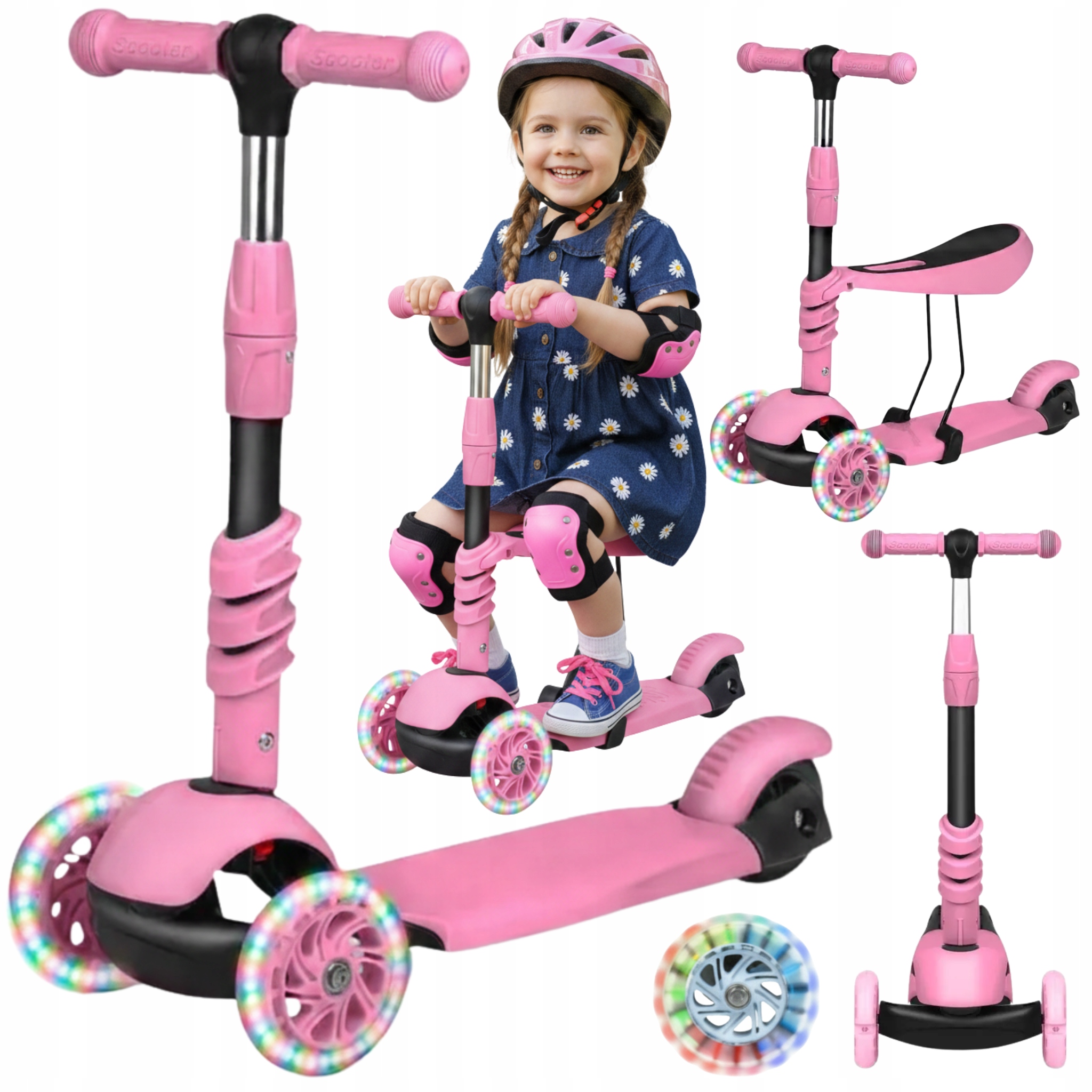 Hulajnoga dla dzieci 3w1 Led balansowa z siedziskiem różowa regulowana