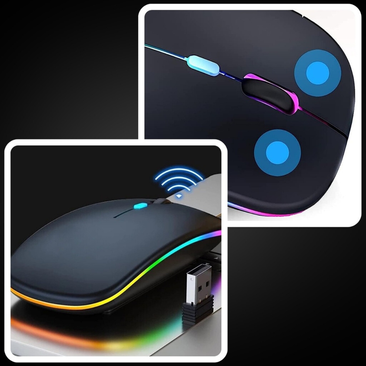 LEKKA CICHA MYSZKA BEZPRZEWODOWA LED RGB MYSZ DO LAPTOPA KOMPUTERA BIURA Interfejs USB (Radio 2.4 GHz) Bluetooth