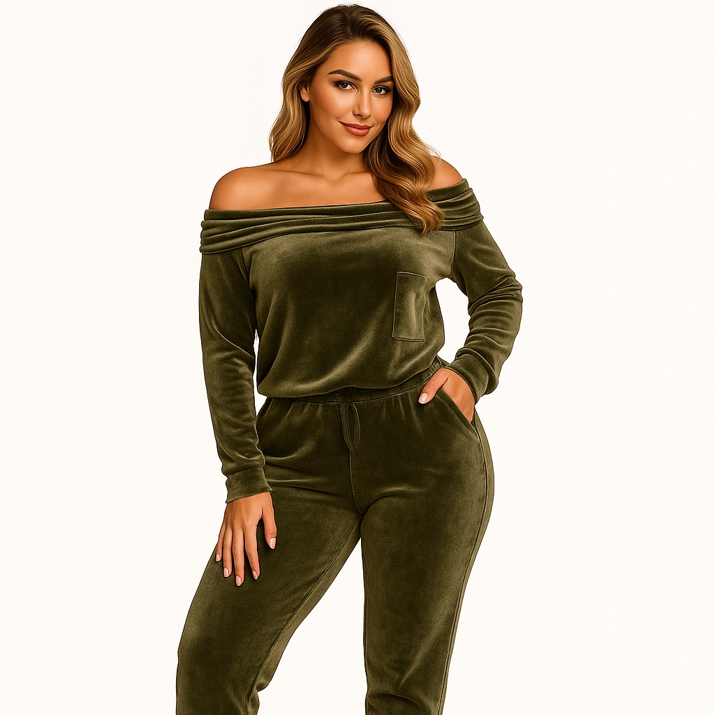 Velurový dámský olivový komplet – elegance a pohodlí. Bestseller Xs/s