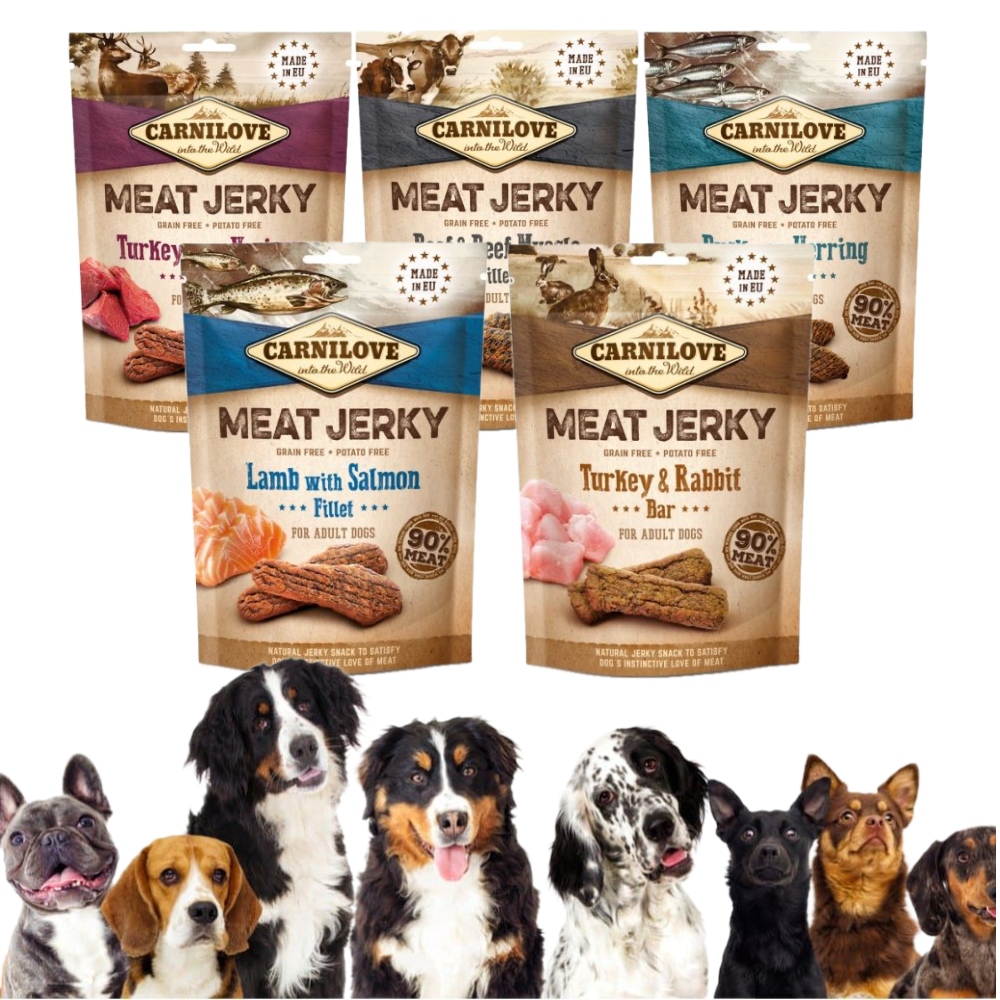 Levně Carnilove psí pamlsek Meat Jerky Mix příchutí (90 % masa) 100 g*5 ks