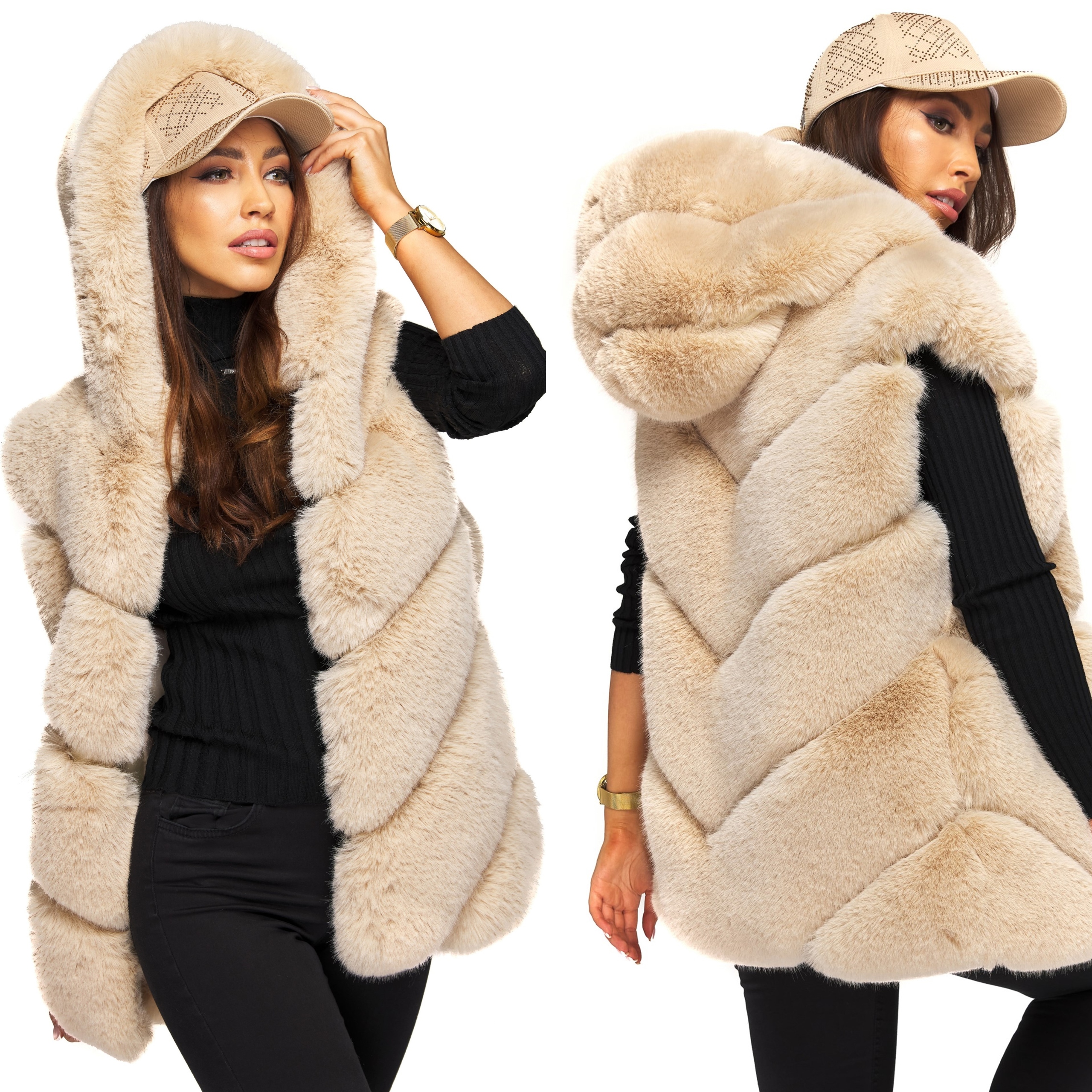 

Kamizelka Futrzana Z Kapturem grube futro beż