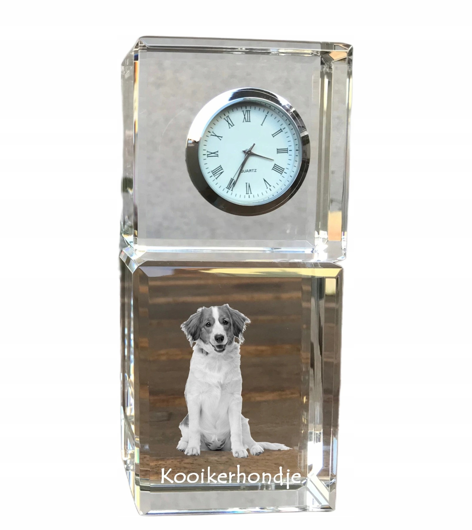 Kooikerhondje krištáľové stolové hodiny so psom, s vašou fotografiou a suvenírom