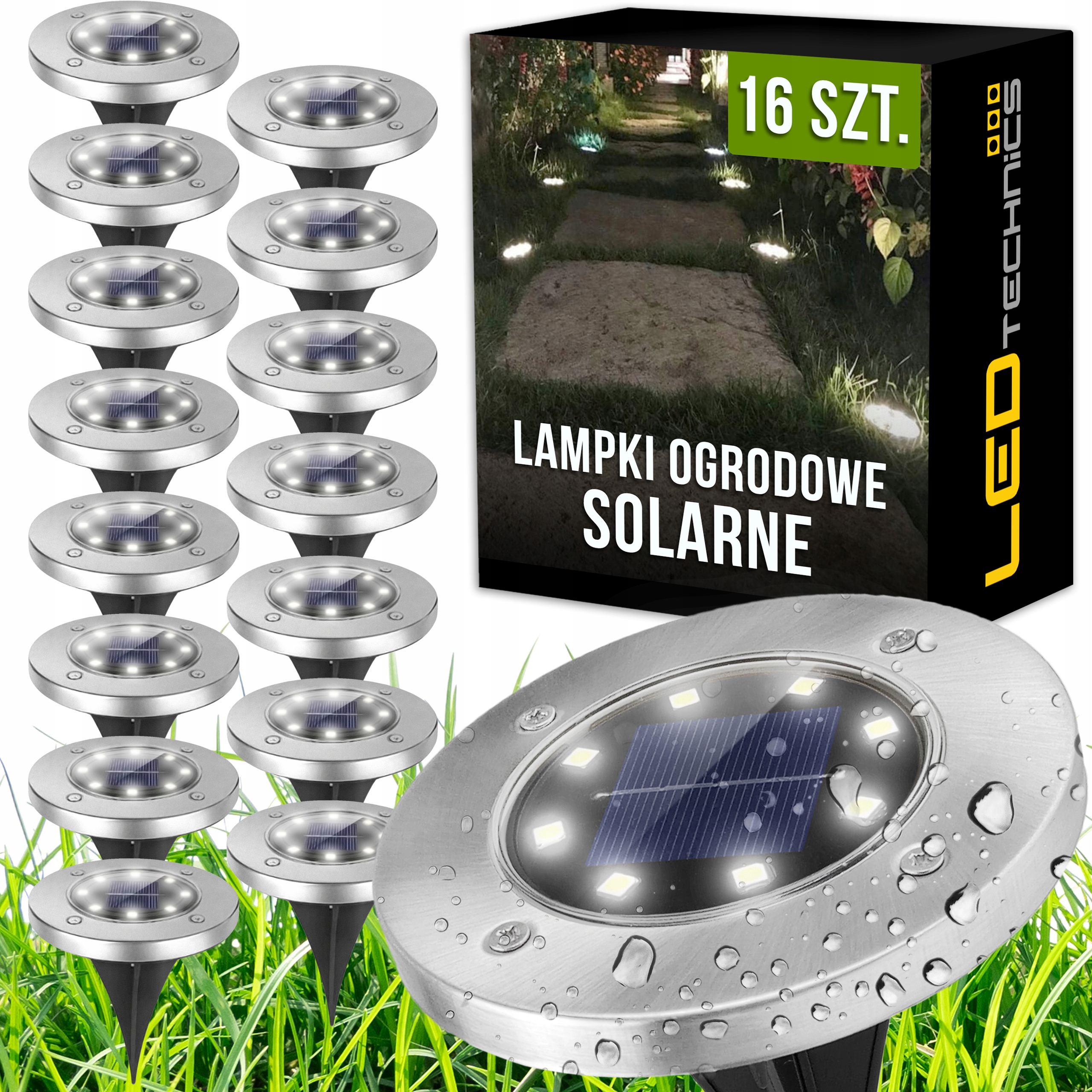 Zestaw 16x Lampki solarne gruntowne diody Led Disk Light wbijane ogrodowe