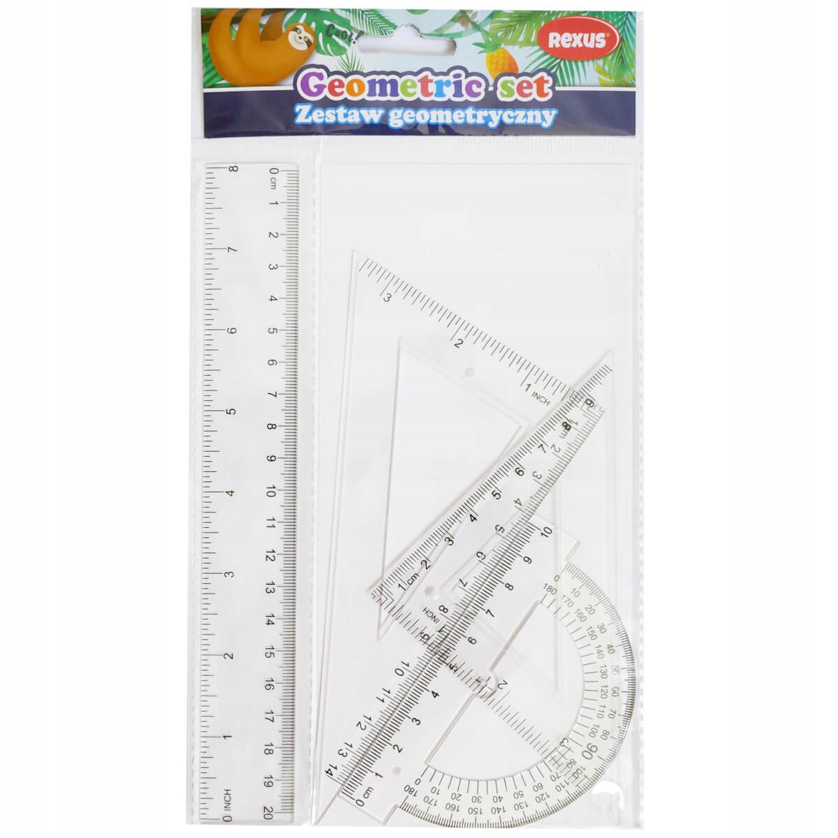 Zestaw geometryczny 4 elementy linijka 20 cm 2x ekierka kątomierz REXUS