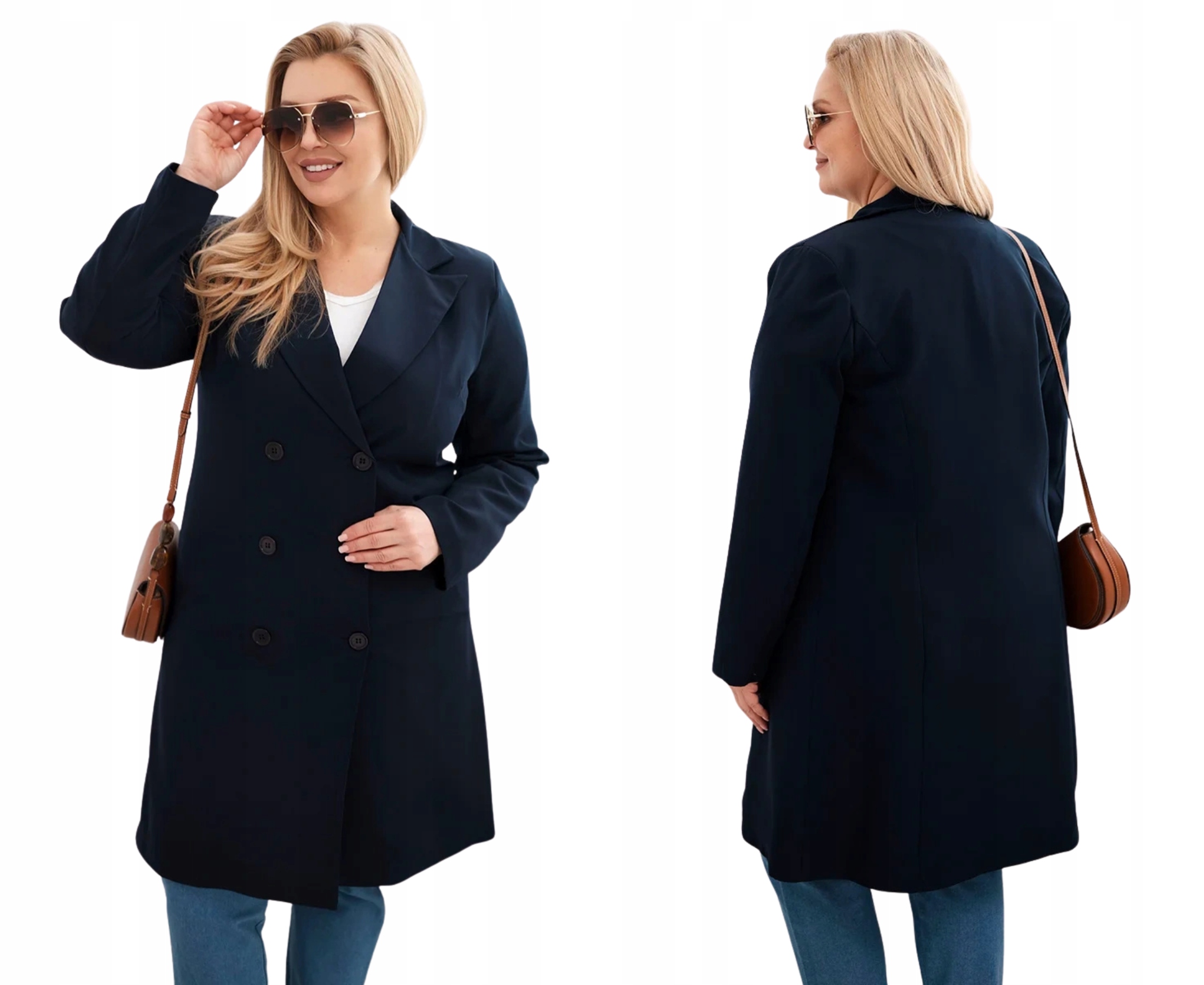 Tmavě modrý dámský elegantní dvouřadý kabát s límcem