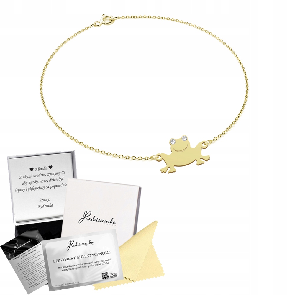 Náramek Zlatá žába Řetízek Stříbro 925 dárek Věnování Gravírování Bonus