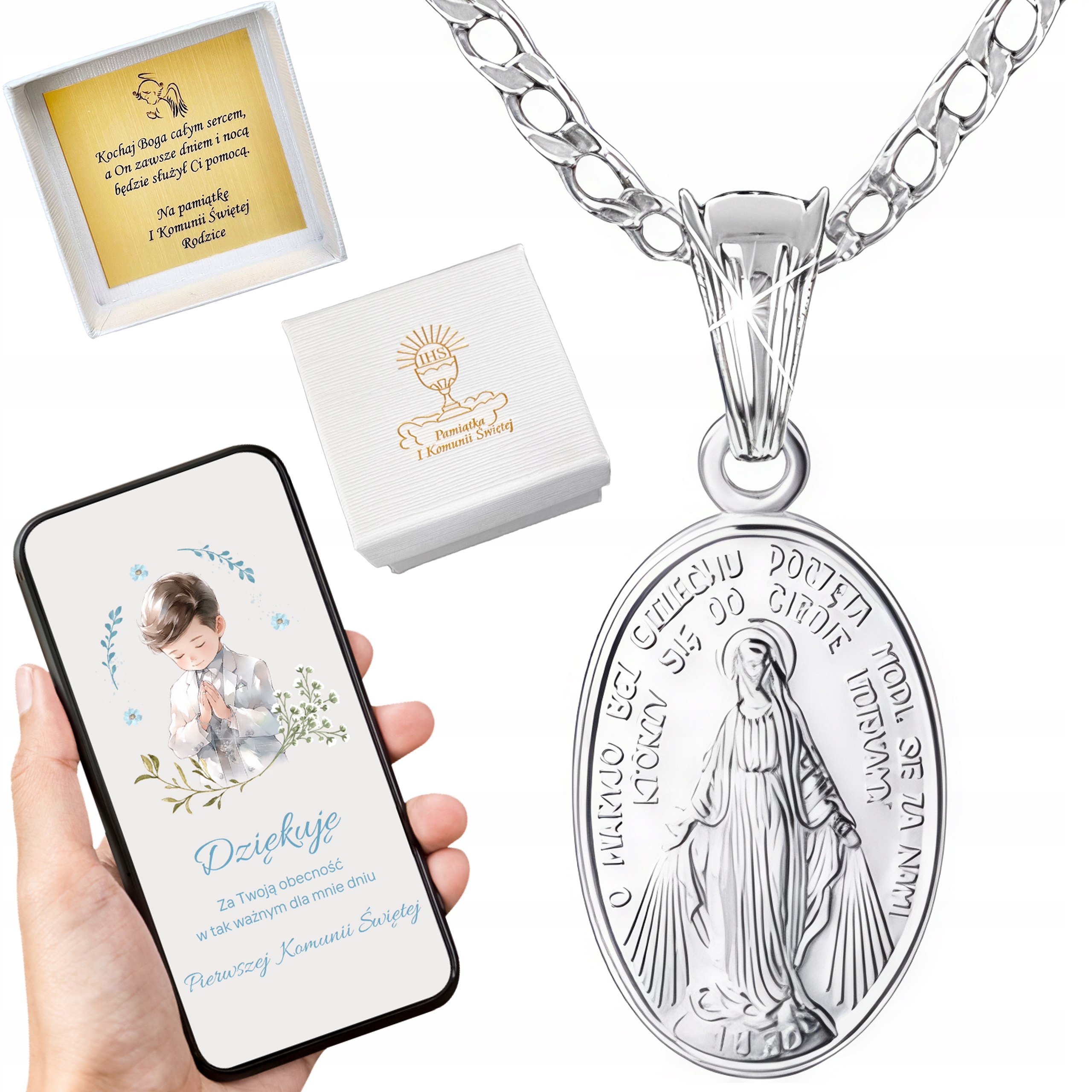 SREBRNY ŁAŃCUSZEK I CUDOWNY MEDALIK MATKA BOSKA CUDOWNA NA KOMUNIĘ 40cm