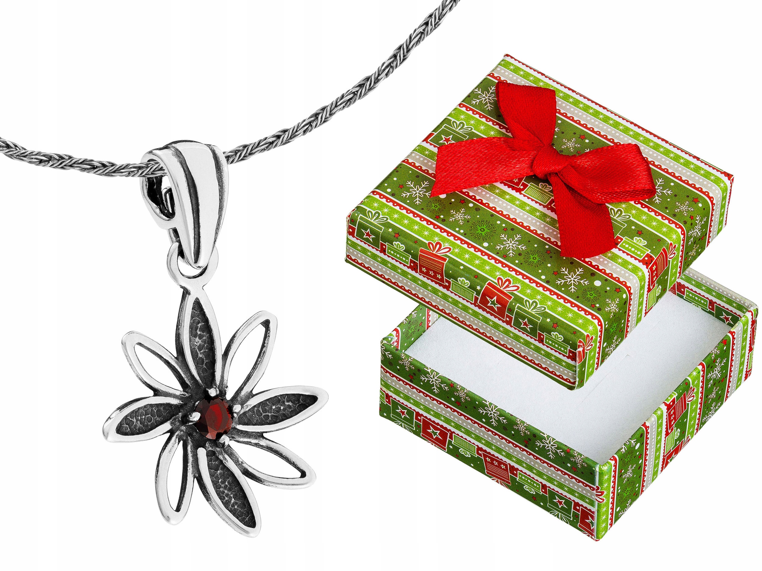 Dlouhý stříbrný dámský oxidovaný náhrdelník Květ s červenou zirkonií 90