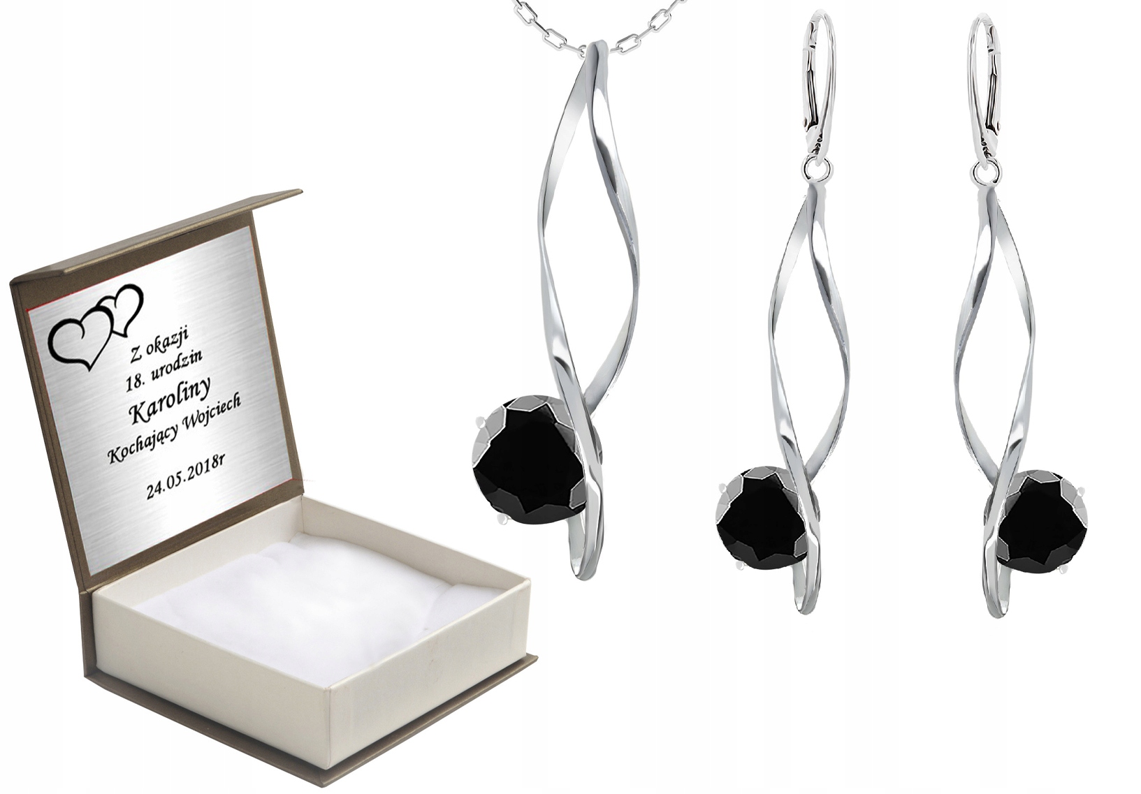 

Komplet Srebrnej Biżuterii Czarne Cyrkonie +grawer