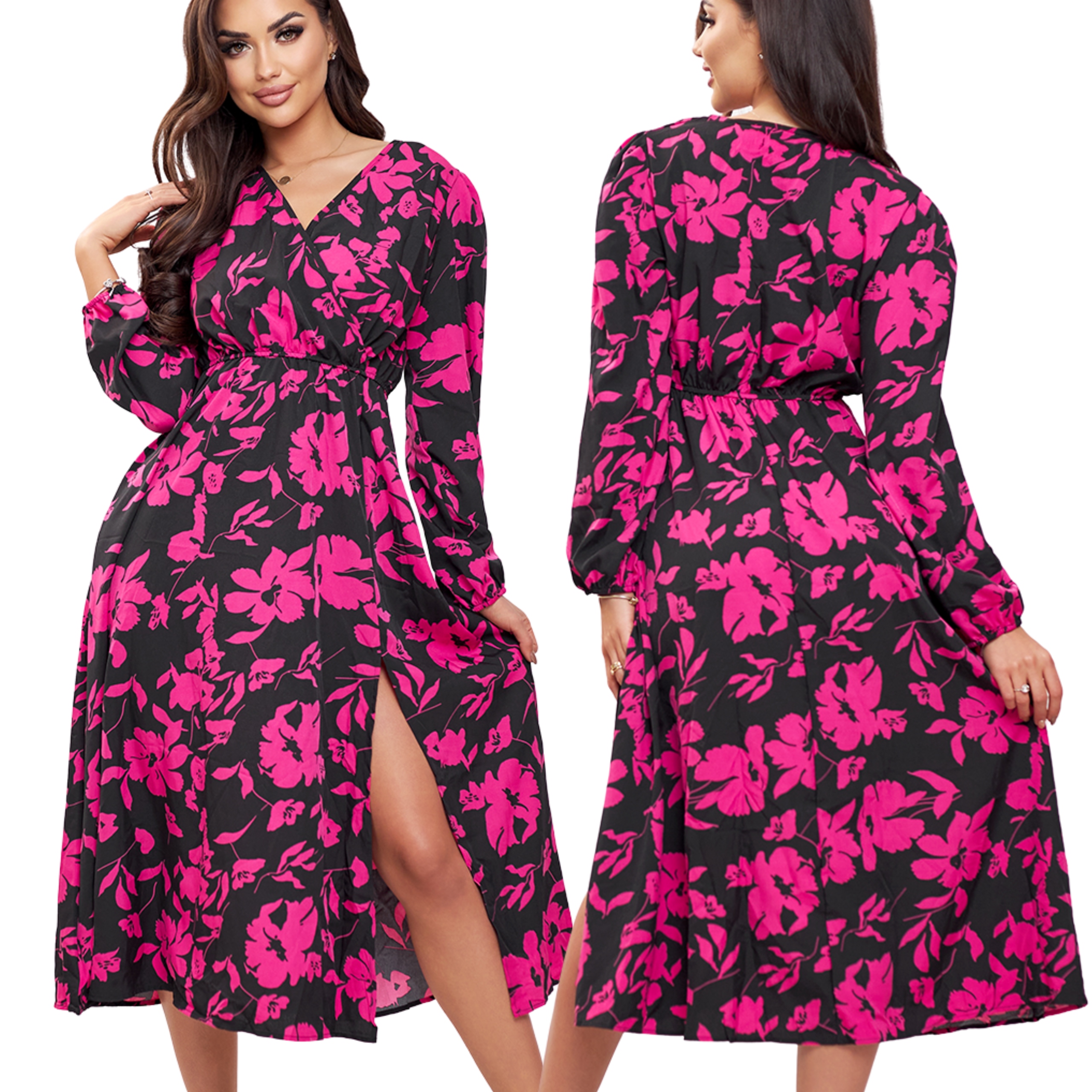 Sukienka damska midi kwiatowa zwiewna luźna rozkloszowana letnia wzorzysta