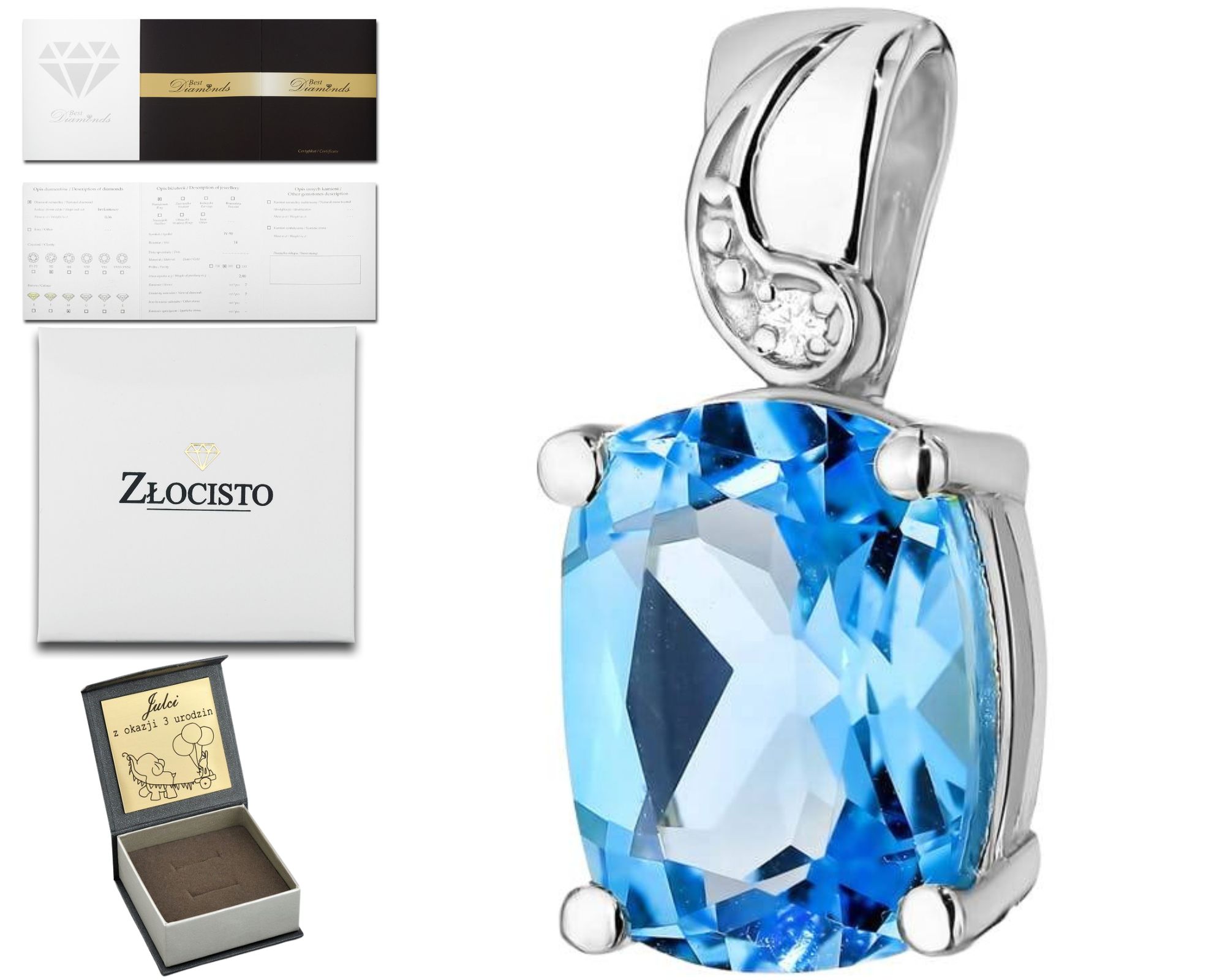 Bílé Zlato Přívěsek Přírodní Kámen Modrý Topaz Brilianty 585 Dárek