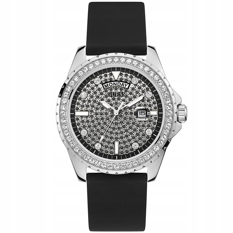 Stříbrné pánské hodinky Guess Day Date s černým řemínkem GW0396G1