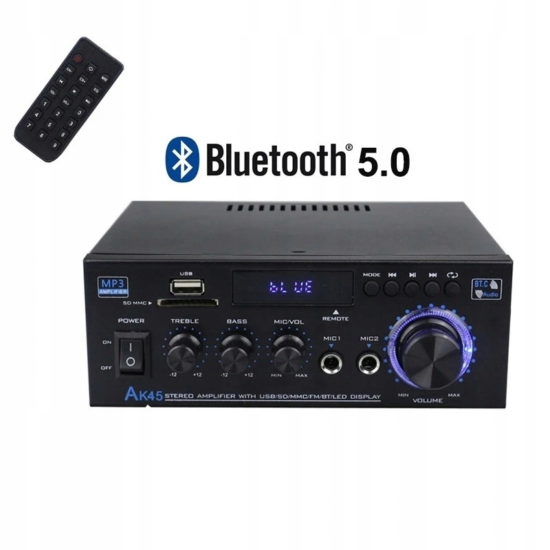 Výkonný zesilovač 2 x 45W rádio Bt MP3