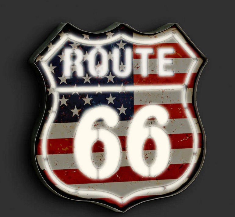 Retro Tablica "US Route 66" - Podświetlana LED z Pilotem, Styl lat 50-tych, Producent Nostalgic Art