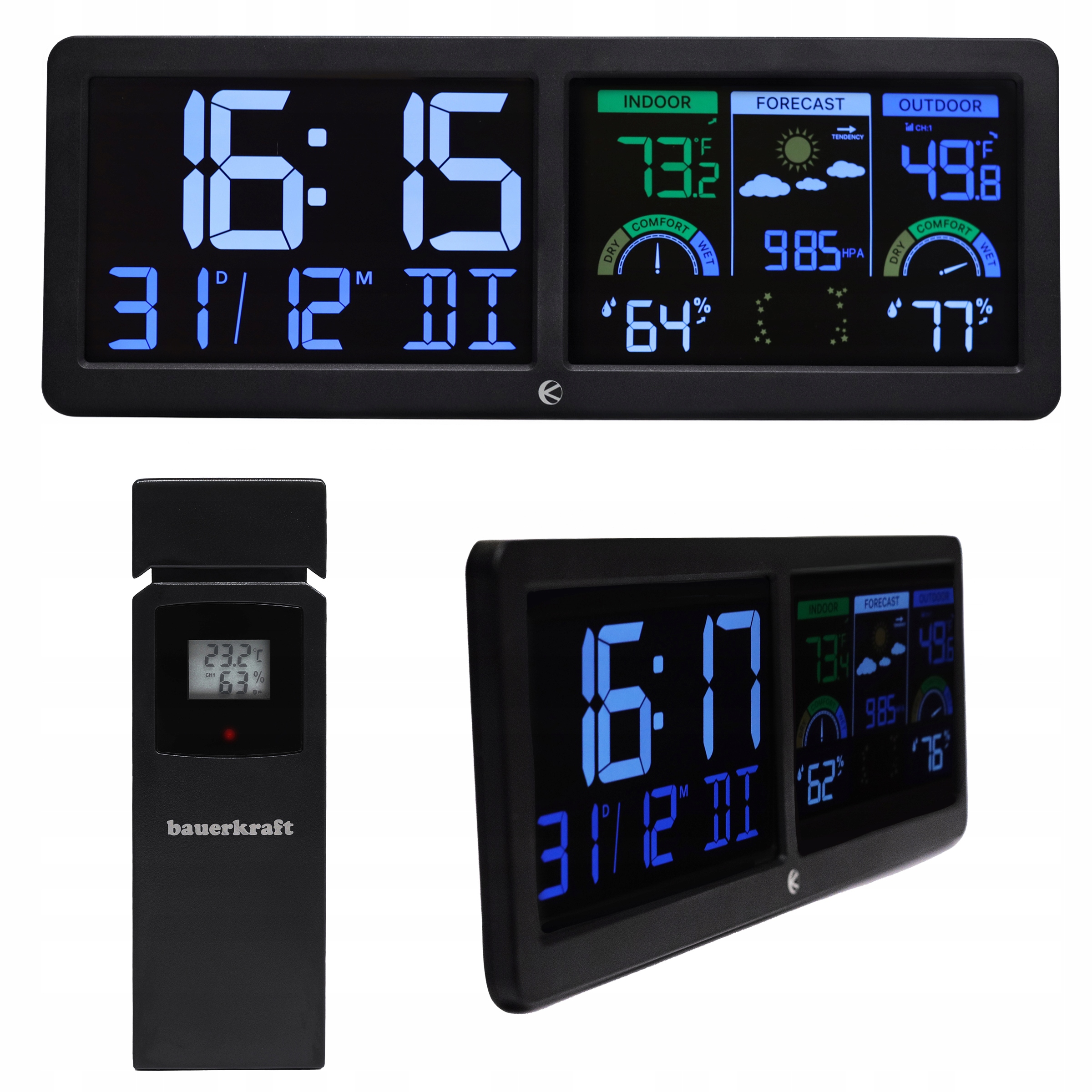 Duża podświetlana bezprzewodowa stacja pogodowa termometr barometr zegar bu