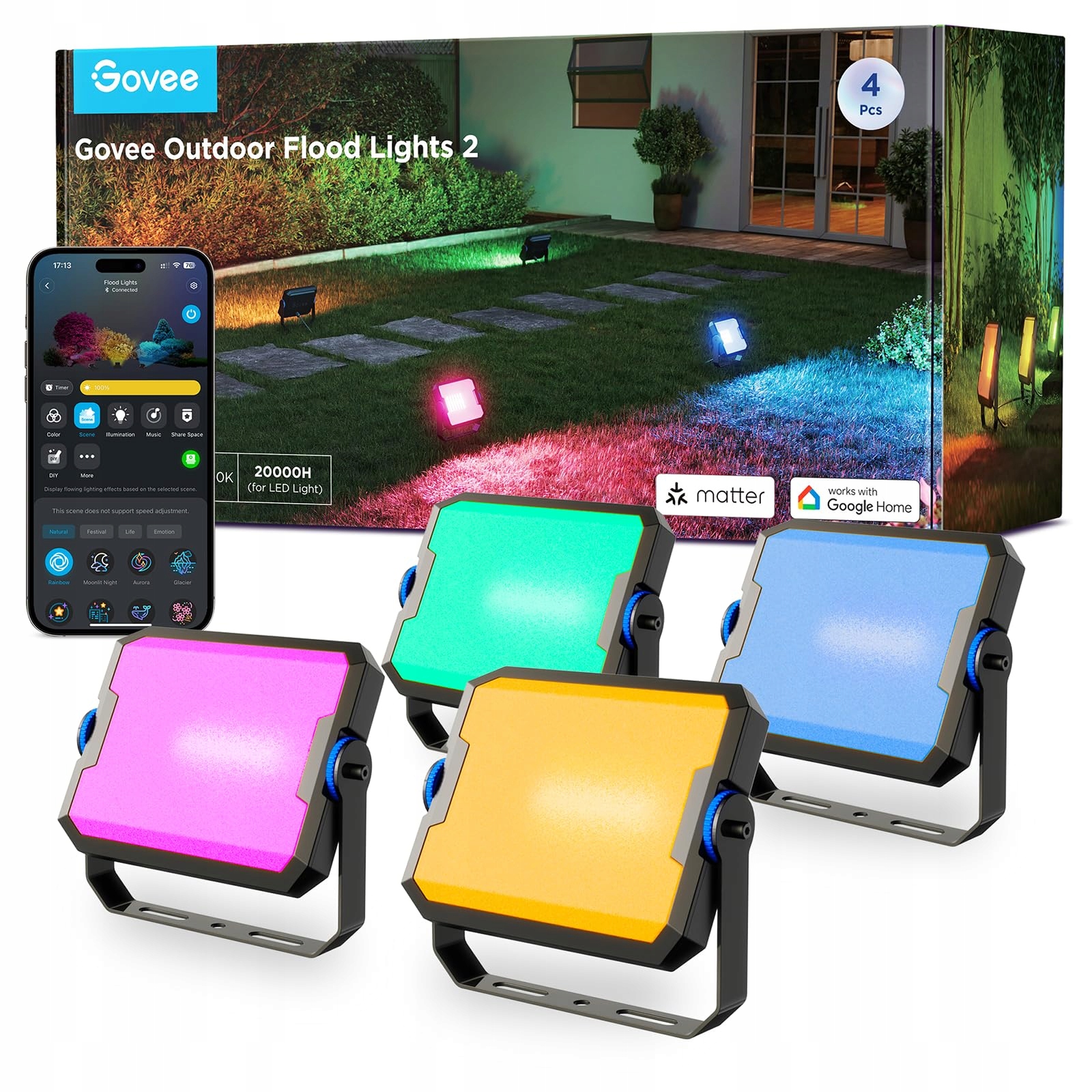 Govee Venkovní Led světlomety Rgbic IP66 Hlasově ovládané 4 kusy