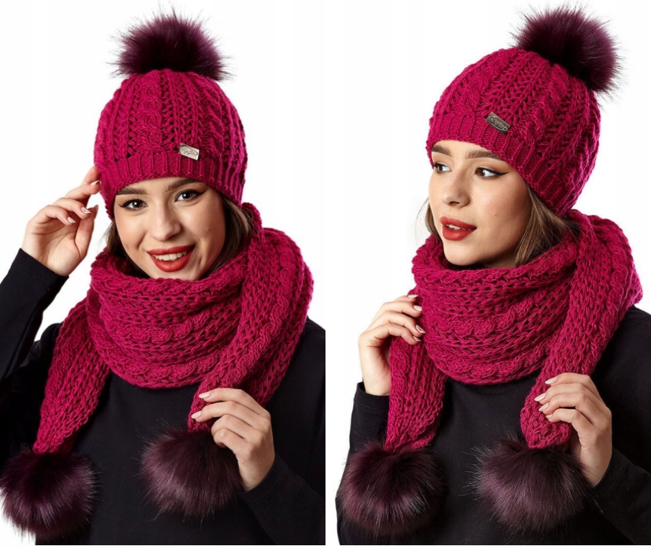 Zimní dámský komplet čepice s kožešinovou bambulí a šálou