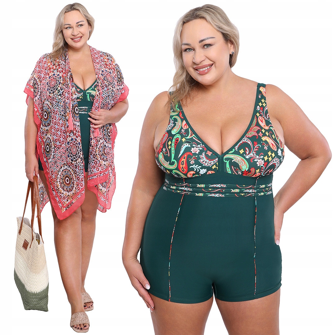 Jednodílné zelené plavky s oranžovými vzory 52