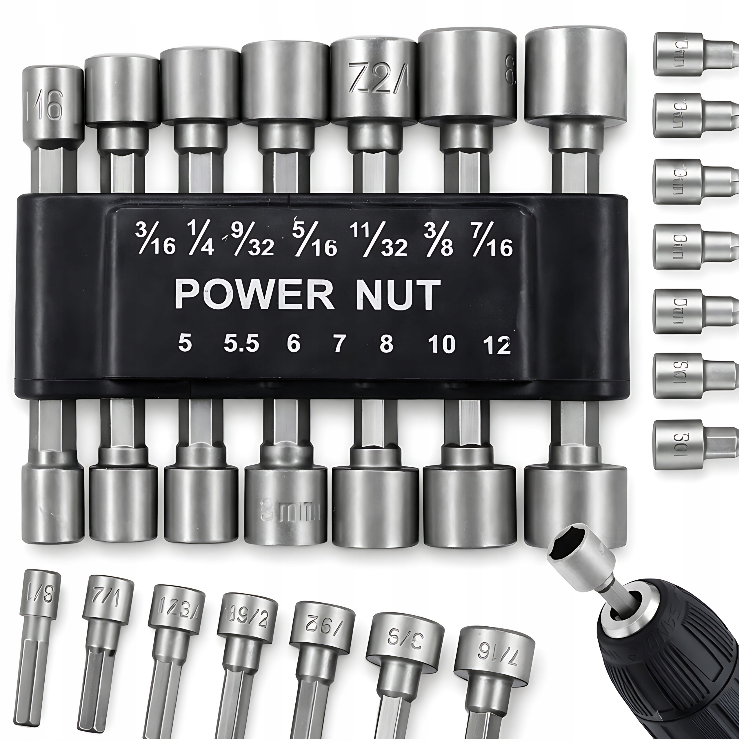 Nasadki Klucze Nasadowe Na Wkrętarkę Bity Zestaw Z Etui 14szt 3/16 5-12mm