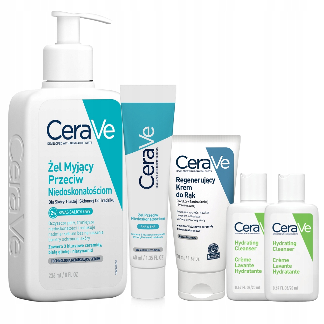 CeraVe Żel Myjący Przeciw Niedoskonałościom 236ml, Żel 40ml Krem do rąk