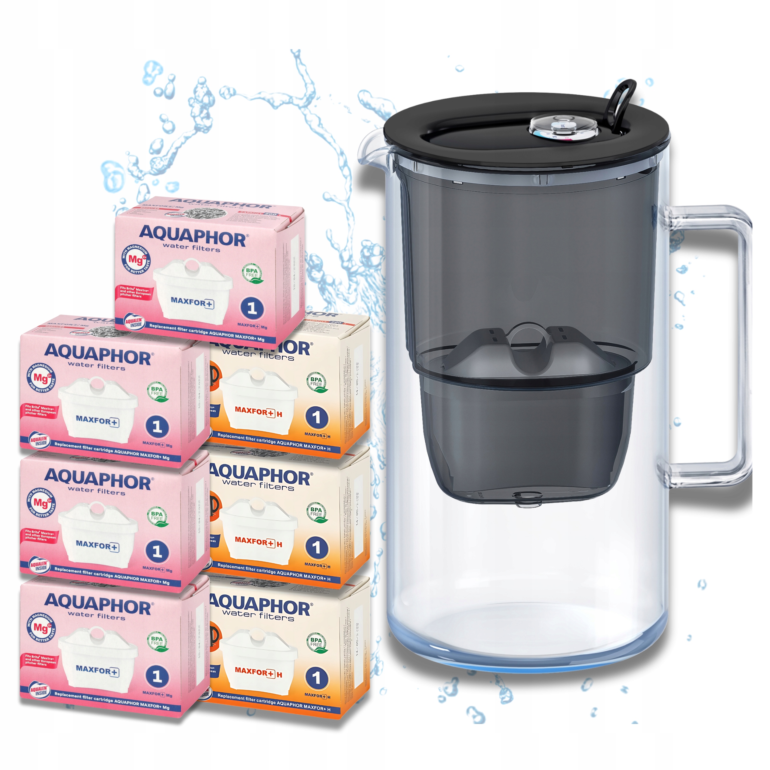Filtrujący Szklany Czarny Dzbanek Aquaphor Glass +7 filtrów Maxfor (4Mg+3H)