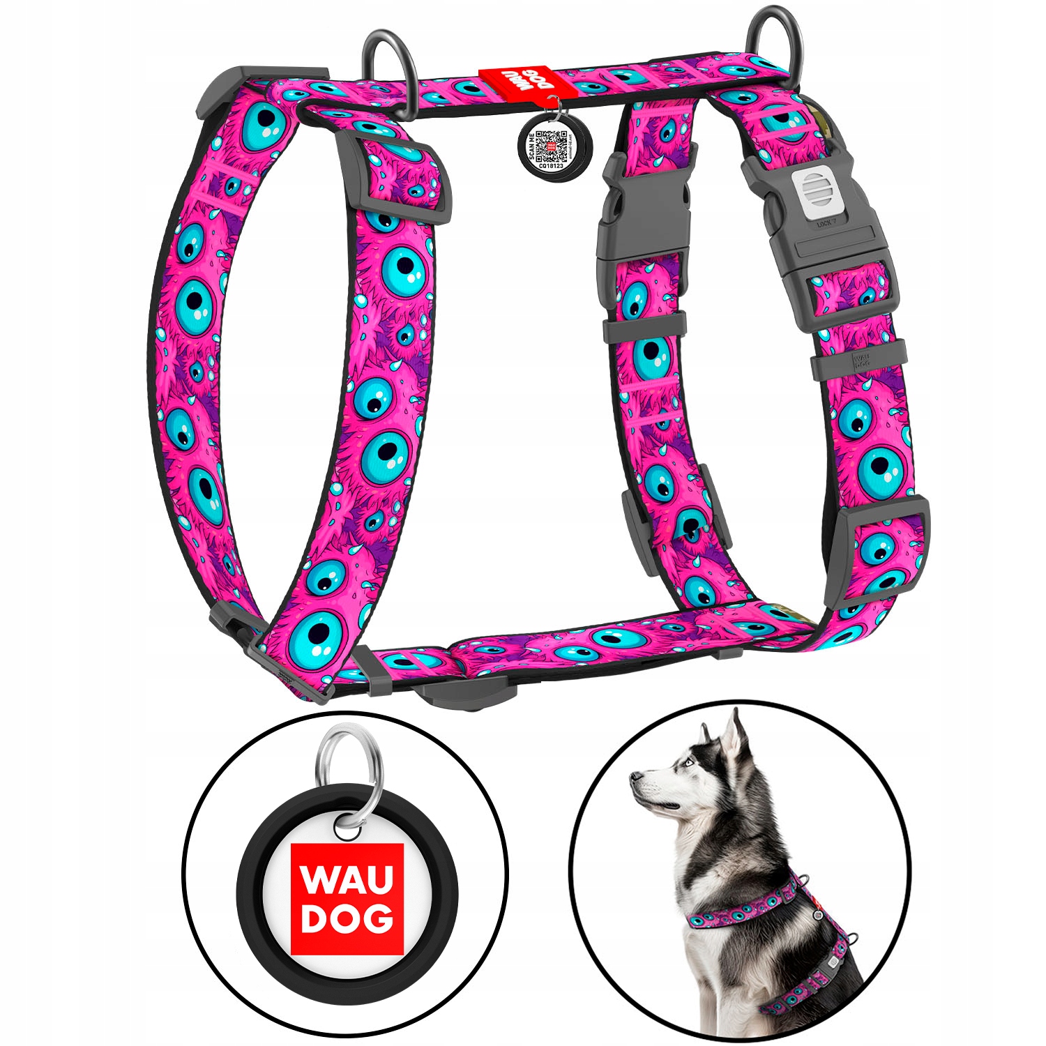 Levně Anatomické postroje pro psa Qr Adresář Bonus, kresba Oko příšery, XL