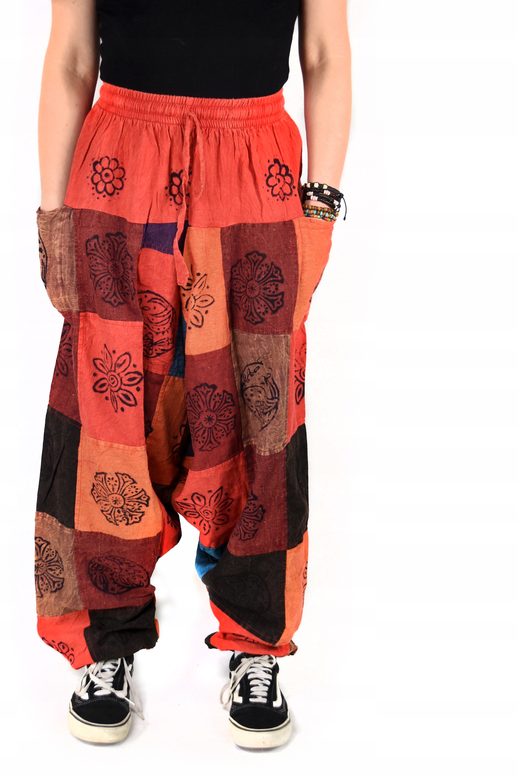Šavary Nepál Aladinky Jóga Patchwork Barevné kalhoty Červená