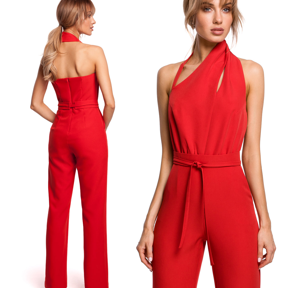 KOMBINEZON ELEGANCKI DAMSKI KOBIECY GŁADKI DŁUGIE NOGAWKI CZERWONY XL 42