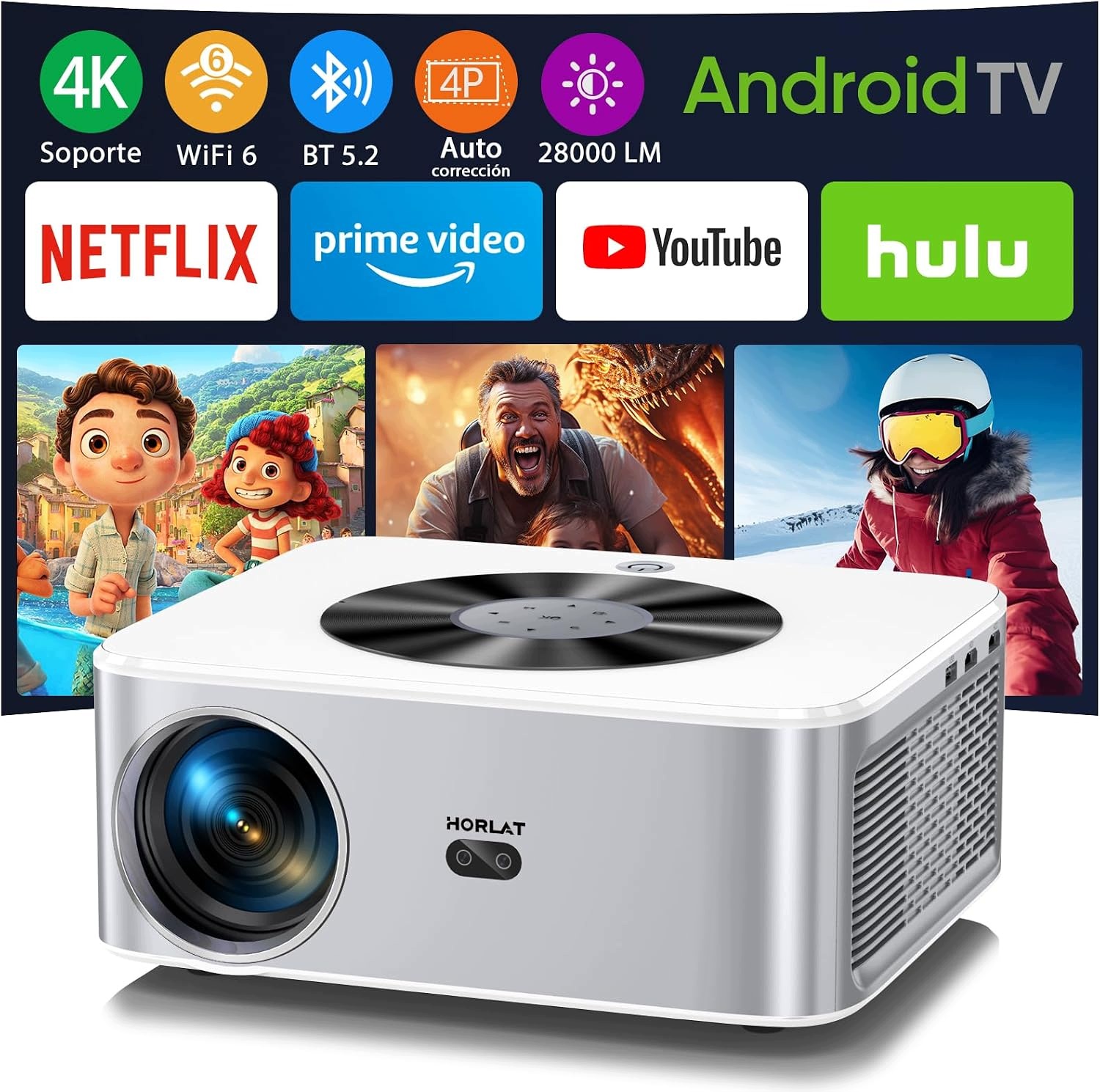 Horlat 4K rzutnik Projektor 6G Wi-Fi Bluetooth, projektor 28000 lumenów