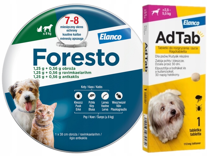 Elanco Foresto obroża <8 kg 38cm,ADTAB Dog dla psa 2,5-5,5 kg 112,5 mgx1tab